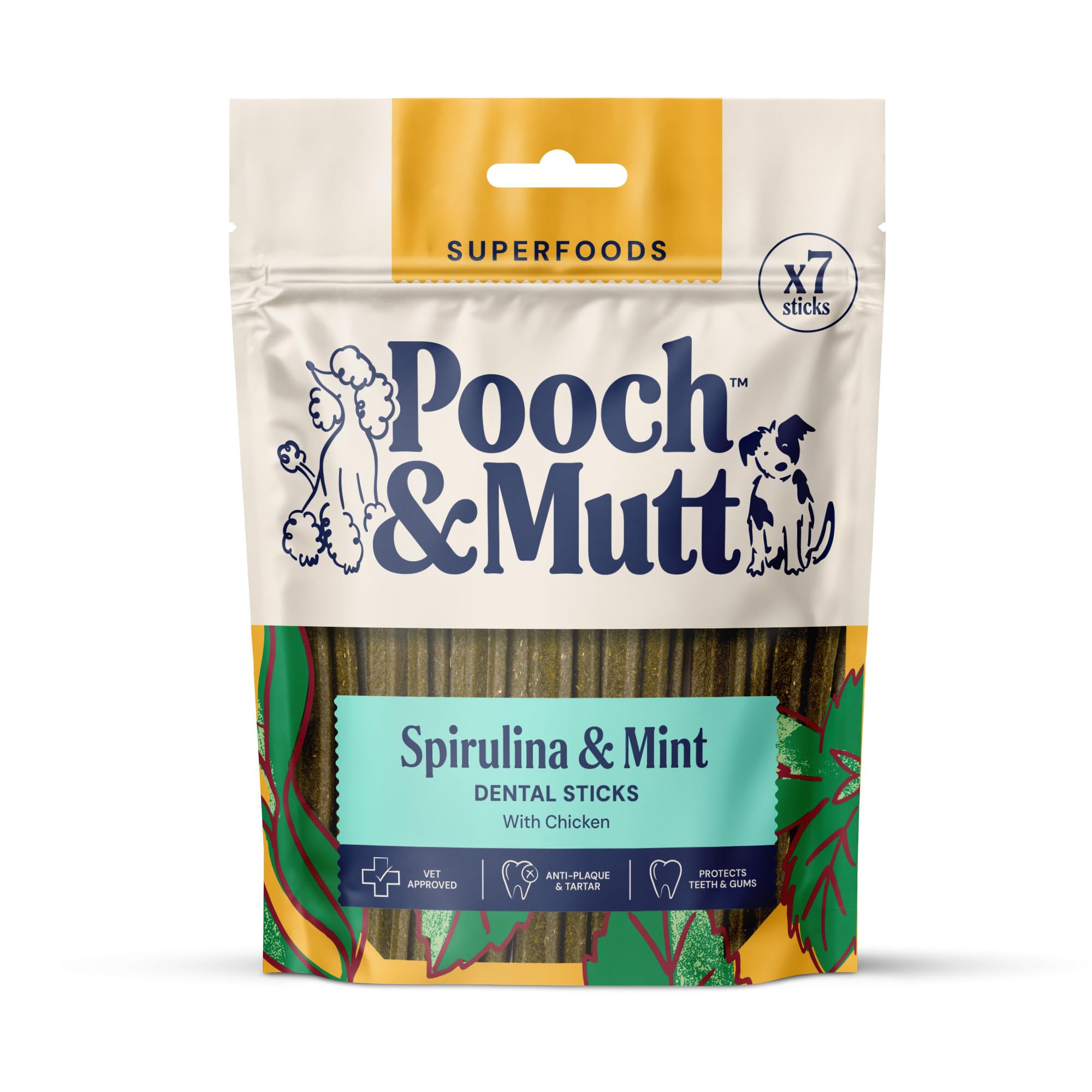 Pooch & Mutt Superfood Dental Sticks - Spirulina & Mint Flavor, 7 Sticks