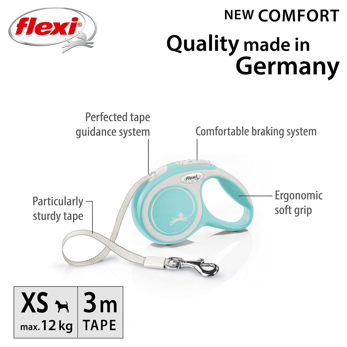 Flexi New Comfort Tape Retractable Dog Lead - XS, 3 m, up to 12 kg, Grey & Light Blue