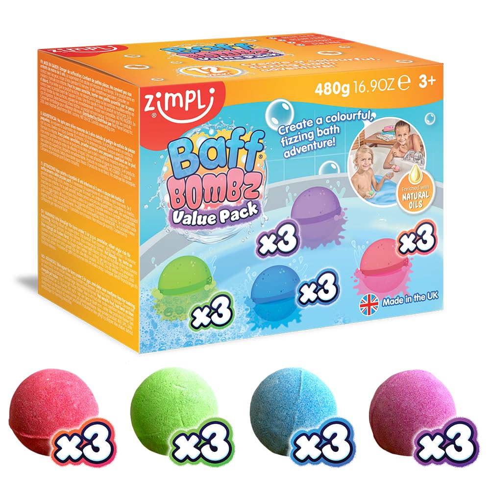 ZIMPLI Baff Bombz - 12 Pack Fizzing Bath Bombs | Moisturizing & Fruity Scents | Vegan Friendly