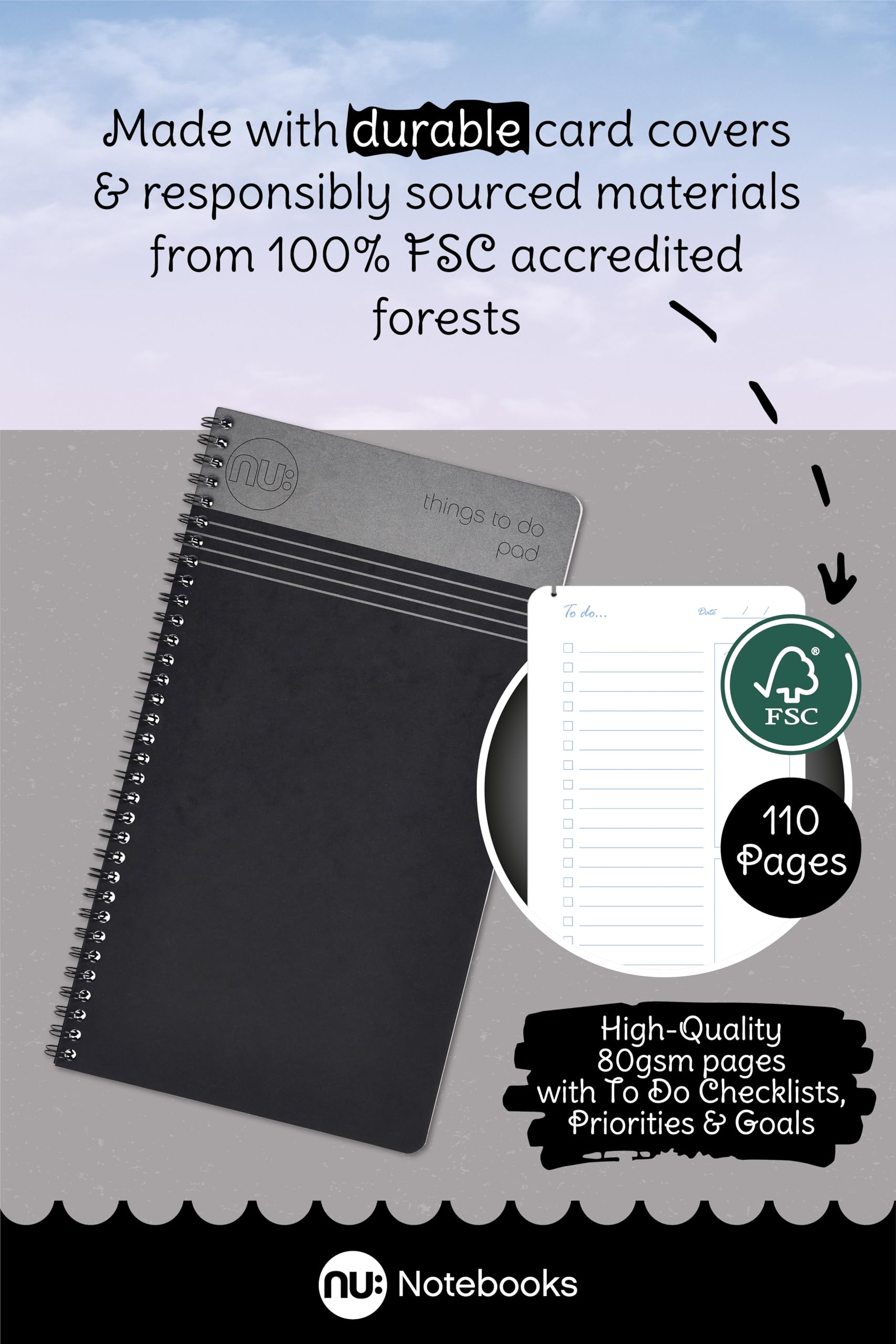 nu: Craze Things to Do Pad Wirebound Notebook - To Do List Ruling, FSC Paper, Pack of 3