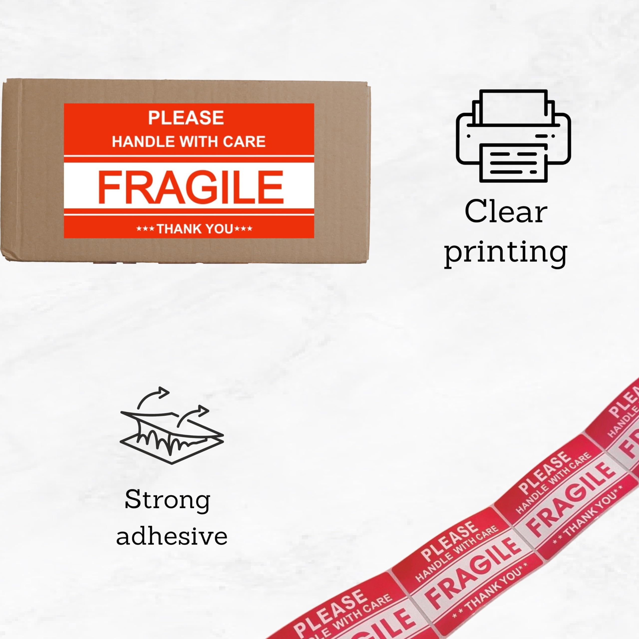 Double Dragon Fragile Handle With Care All-Purpose Labels - 500 Pack, 2x3 Inch Red & White