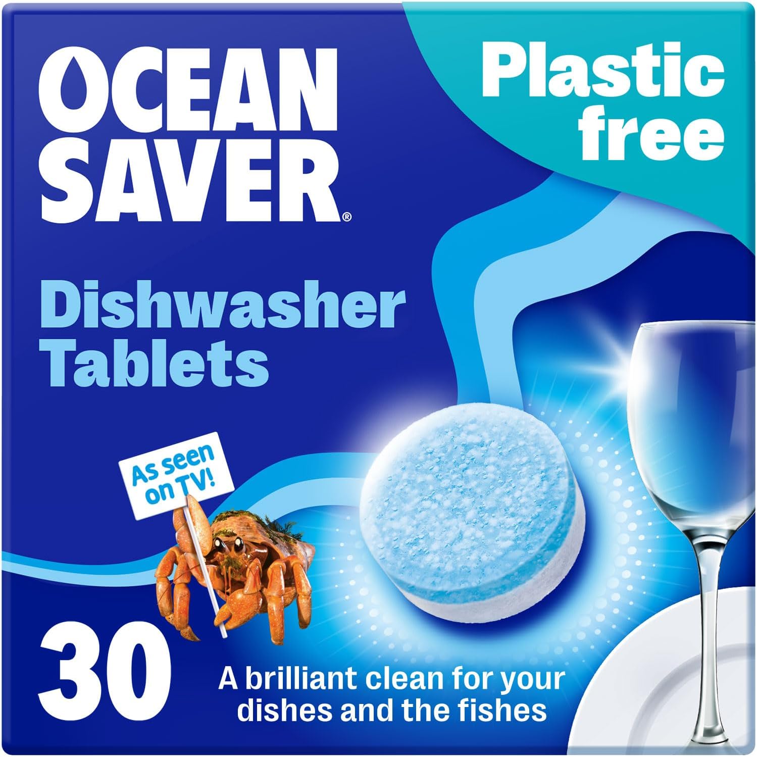 OceanSaver Umweltfreundliche Geschirrspültabs – 30er-Packung, ungiftig, plastikfrei und vollständig löslich, mit Klarspüler und Geschirrspülsalz