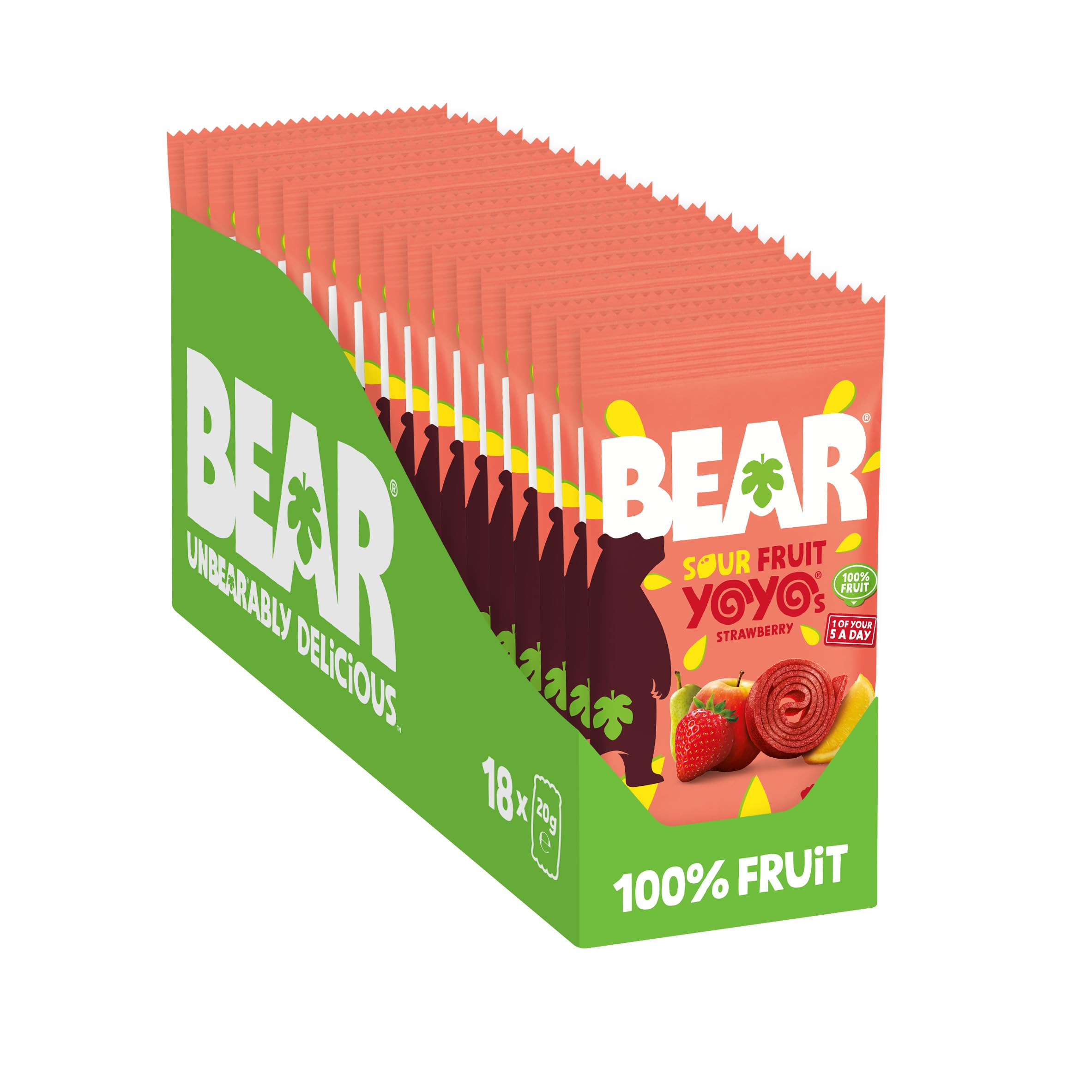 BEAR Super Sour Strawberry & Apple Yoyos - Dried Fruit Rolls - 18 Packs (360g Total)