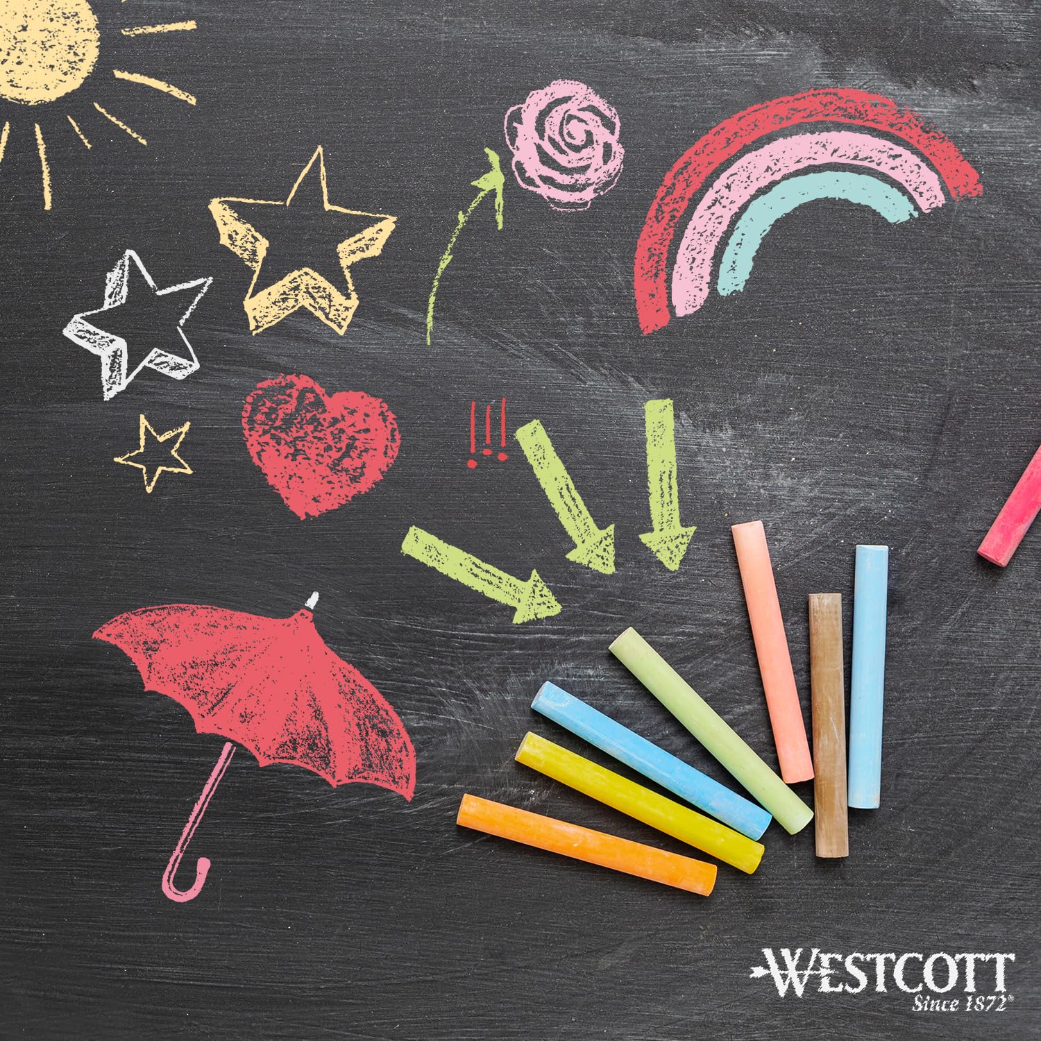 Westcott Colourful Chalk Pack of 12 | 1.2 cm Diameter | Low Dust | Washable