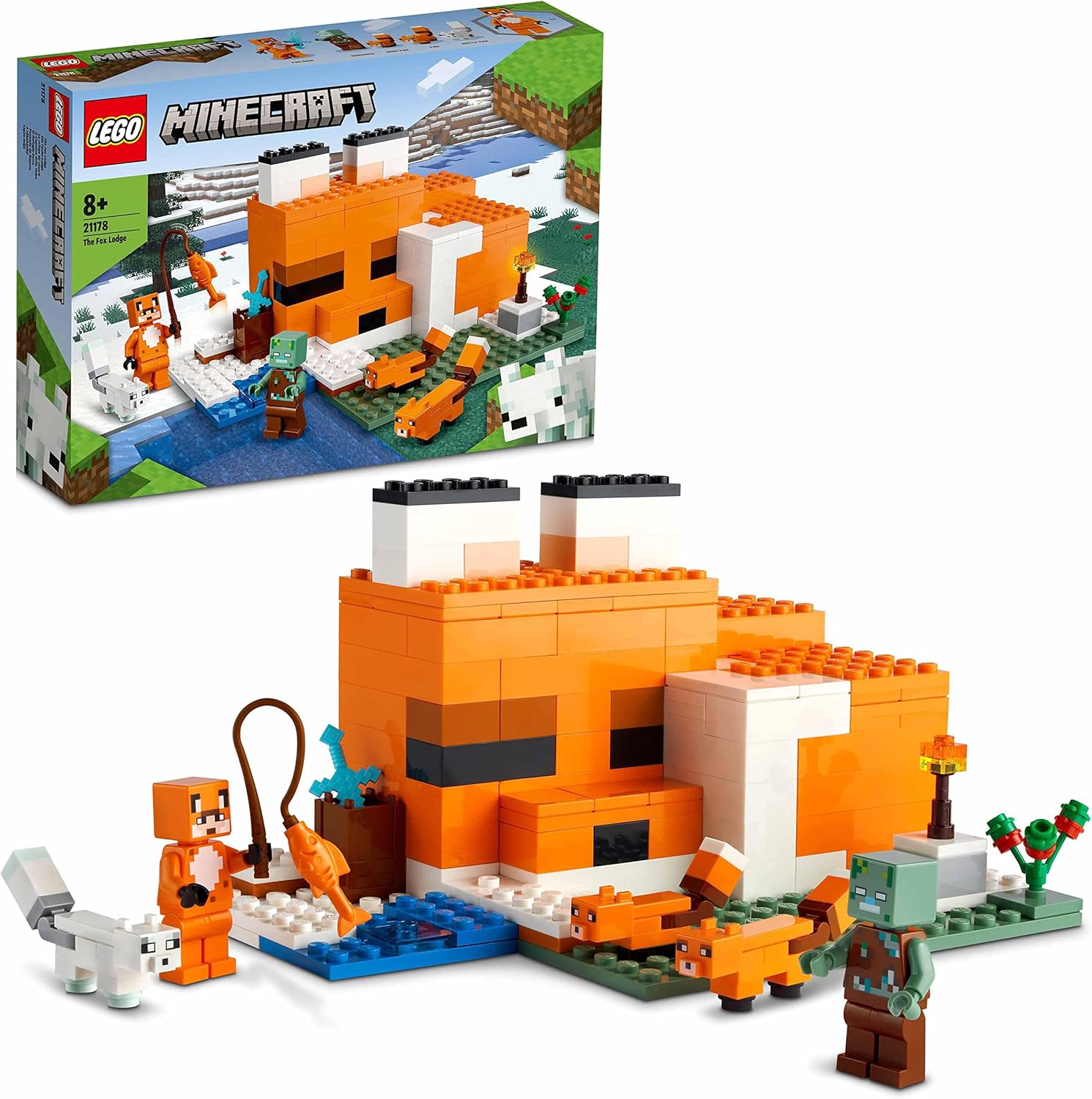 LEGO 21178 Minecraft – Das Fuchshaus – Fuchsförmiges Haus mit ertrunkenen Zombie- und Fuchsfiguren für Kinder ab 8 Jahren