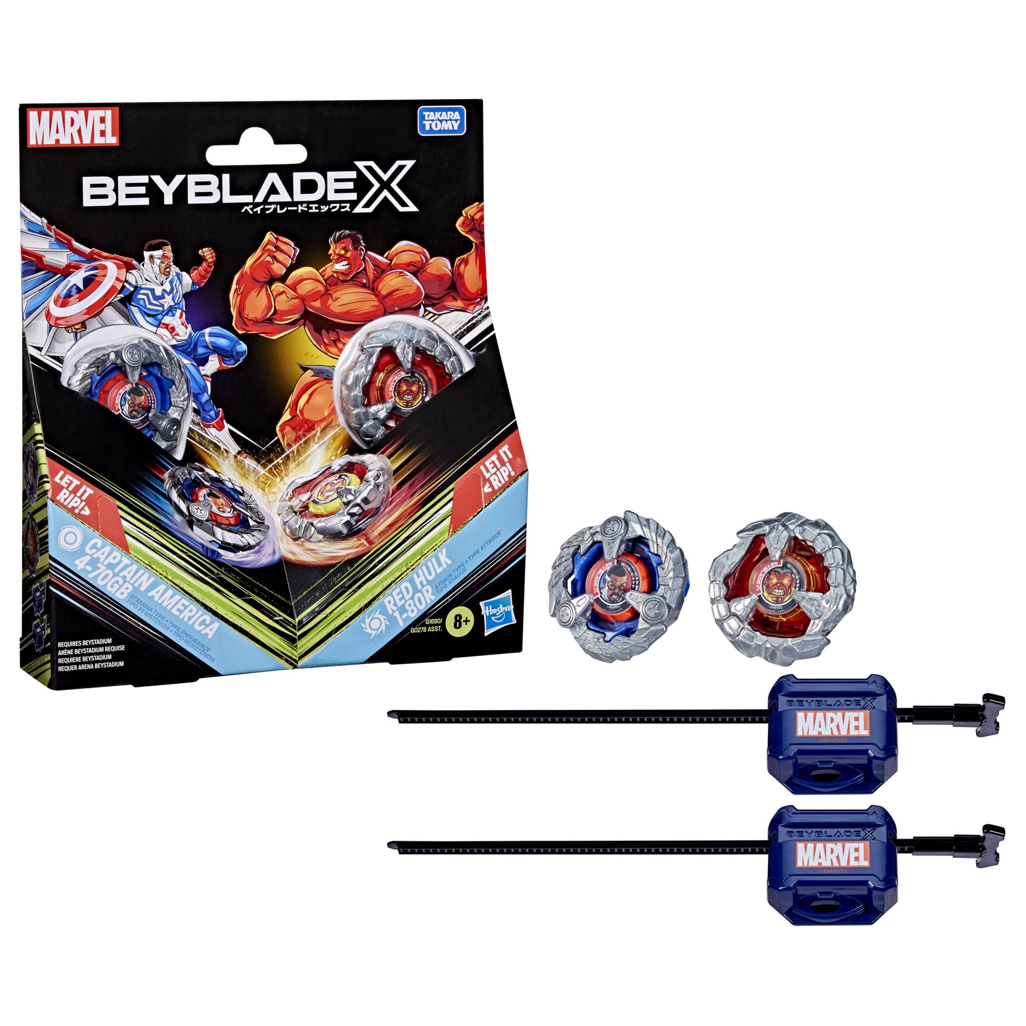 Beyblade Captain America 4-70GB vs Red Hulk 1-80R Marvel Collab Battling Tops Set 5