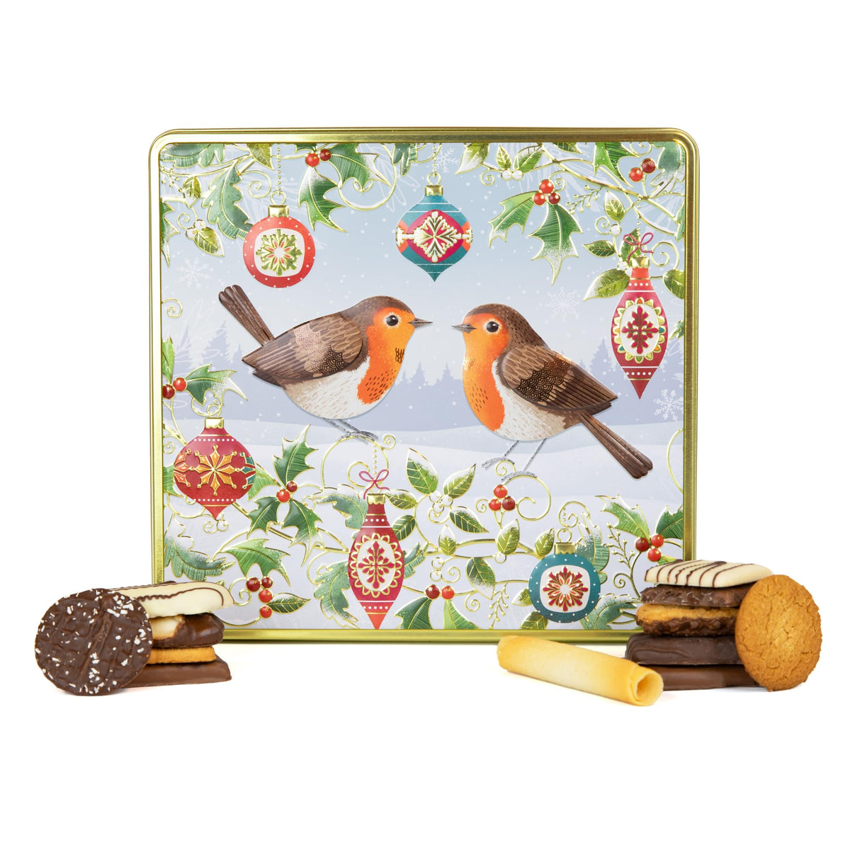 The Silver Crane Co. Winter Robins Belgian Chocolate Biscuits Tin - Christmas