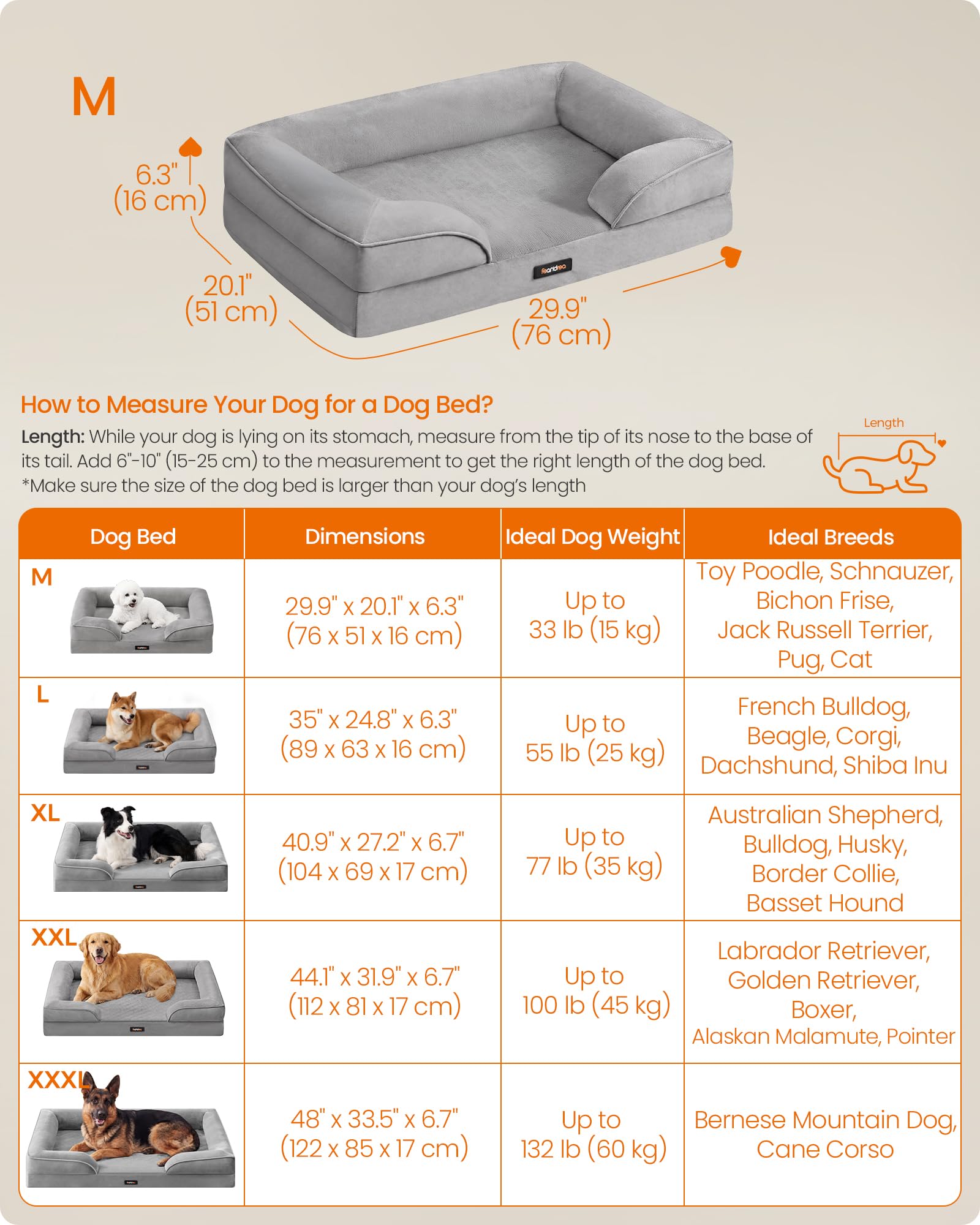 Feandrea Orthopaedic Dog Sofa Bed - Egg Crate Foam Support | Raised Sides | Water-Resistant | Dove Grey | 76 x 51 x 16 cm 5