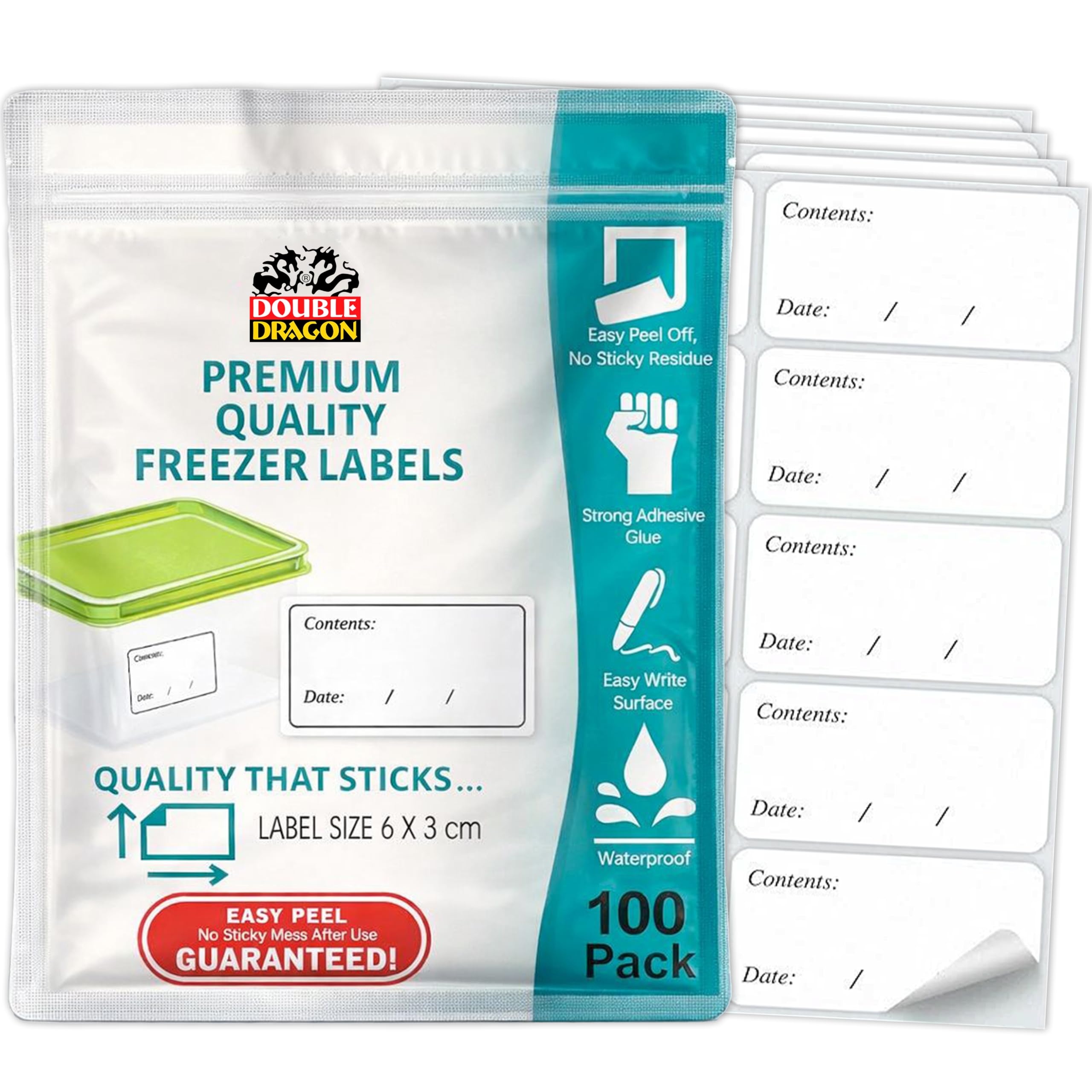 Double Dragon Premium Removable Freezer Stickers - 100 Pack | 6x3cm | Waterproof & Residue-Free