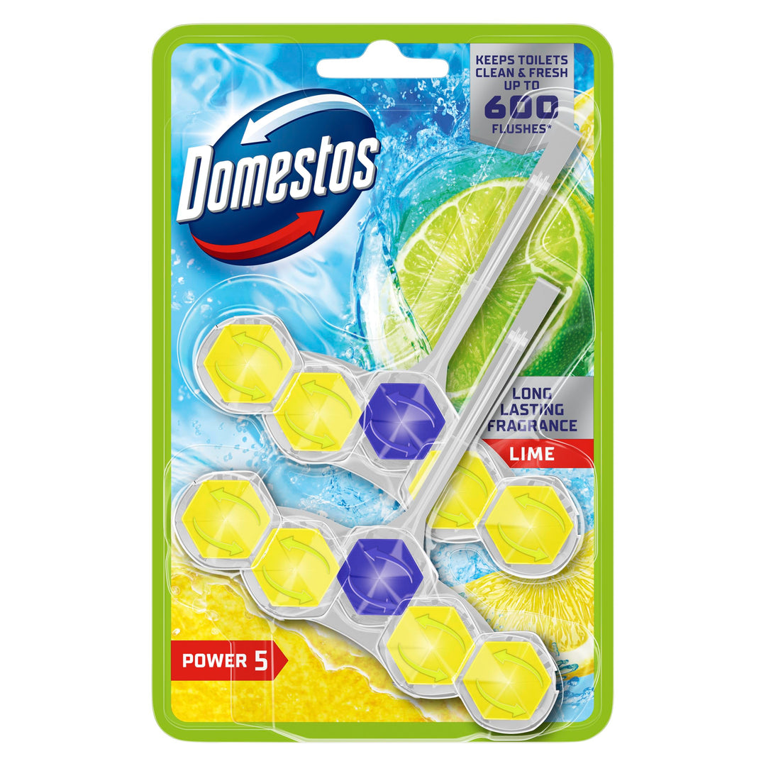 Domestos Power 5 Lime Toilet Rim Blocks 2x 50 g - Long-Lasting Toilet Freshener with Limescale Prevention