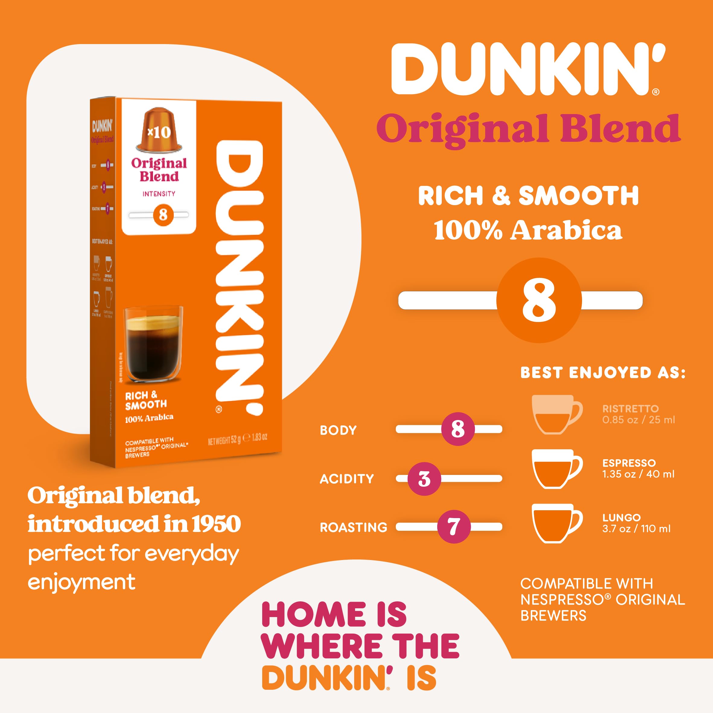 Dunkin' Donuts Original Blend Coffee Capsules for Nespresso - Medium-Dark Roast | 10 Count 2