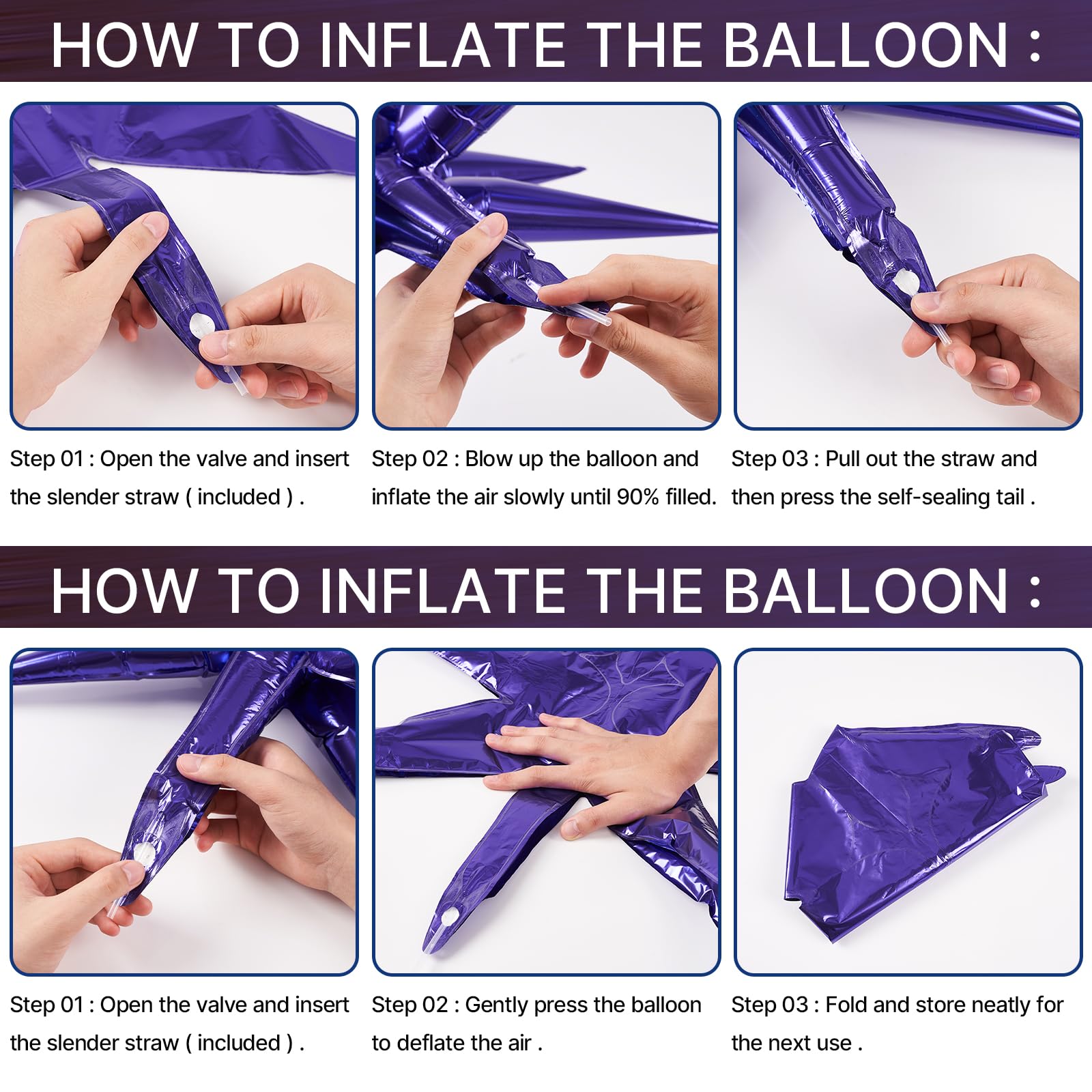 PartyWoo - Purple Star Balloons 6 pcs, One-Piece 14-Pointed Starburst Foil Balloons 27 & 22 inch with Ribbon 12