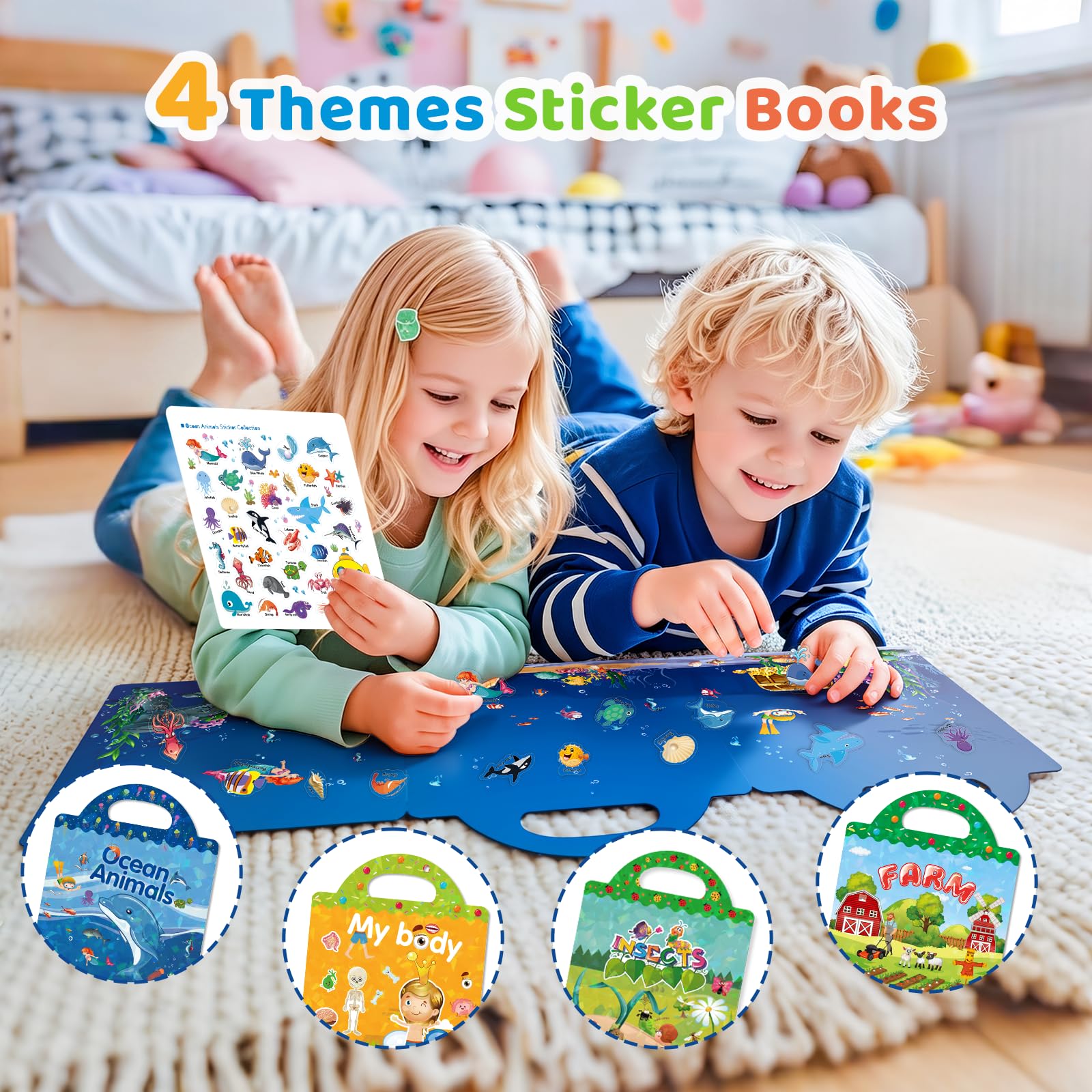 GUYUCOM Reusable Sticker Books - 4 Pack: Ocean, Farm, Insect, Body Themes | Educational Learning Toy 7