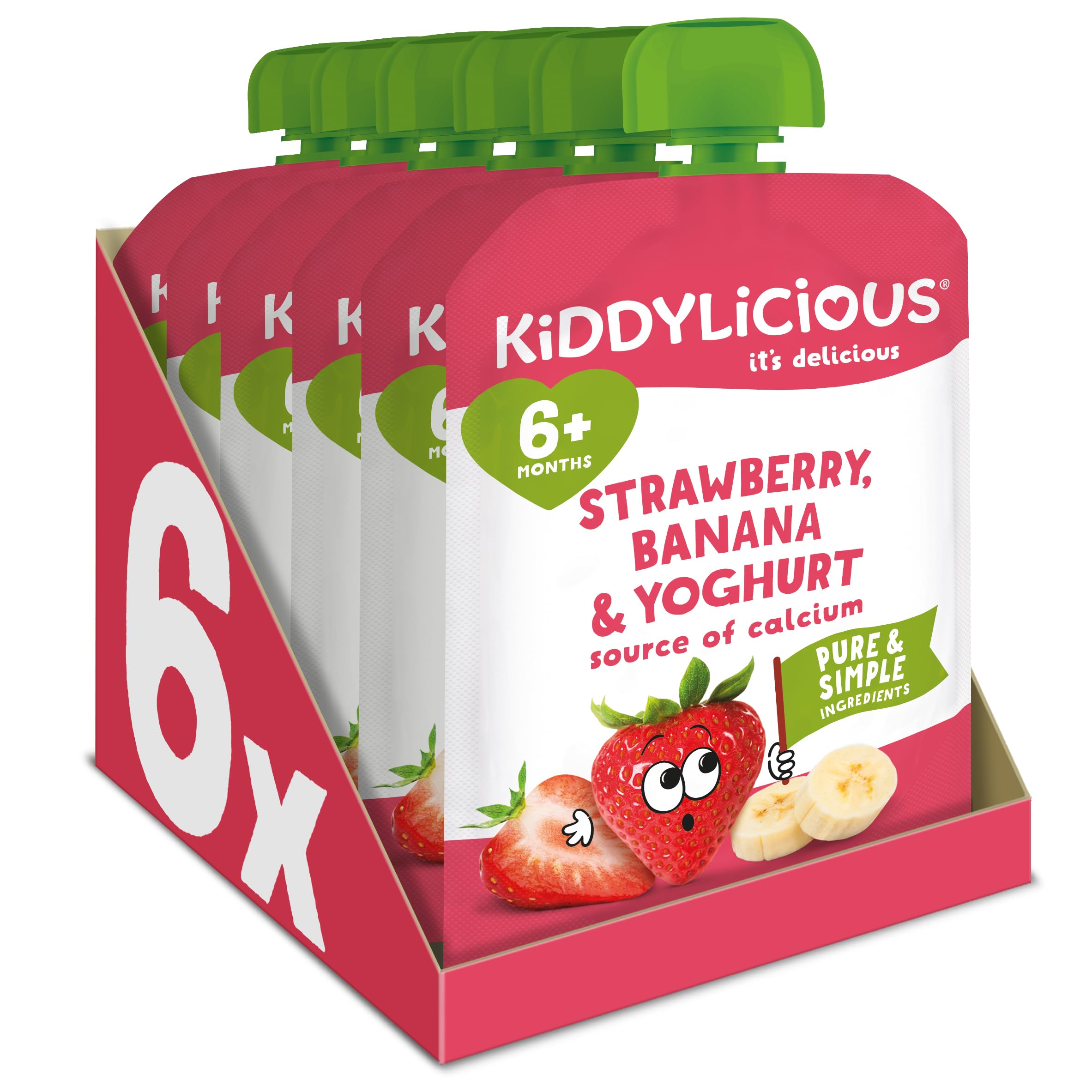 Kiddylicious Strawberry & Banana Yogurt Pouches - 6 Pack of Smooth Purée Snacks with Calcium for Toddlers
