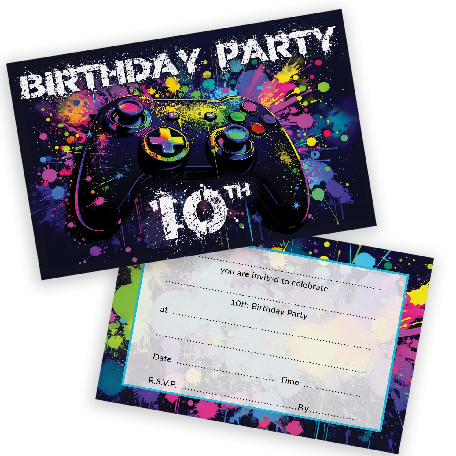Stuff4 10th Birthday Video Gamer Invitations - 20 Pack A6 Folding Cards with Envelopes 1