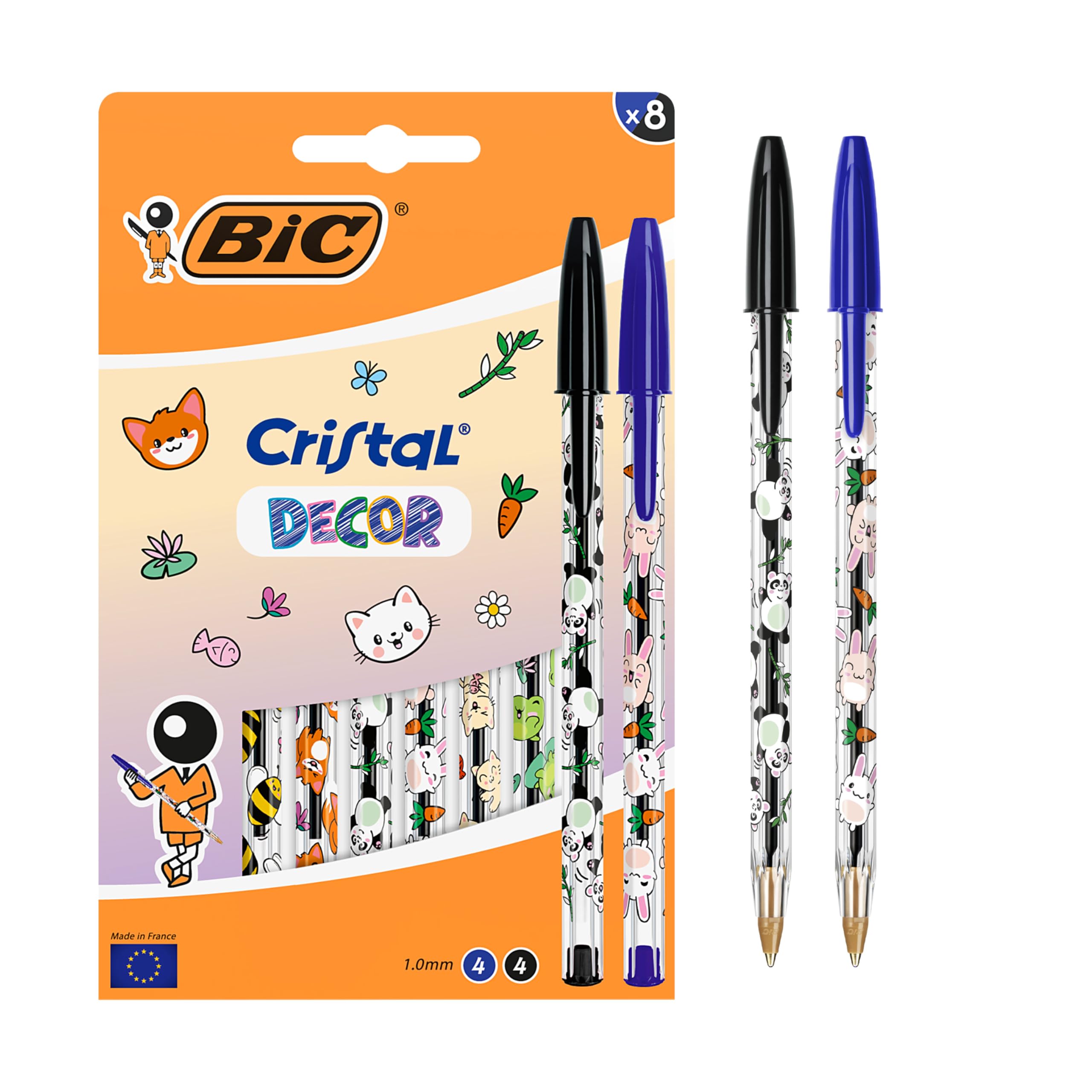 BIC Cristal Decors Kawaii Ballpoint Pens - Medium 1.0mm Point | Blue & Black Ink | Pack of 8 1