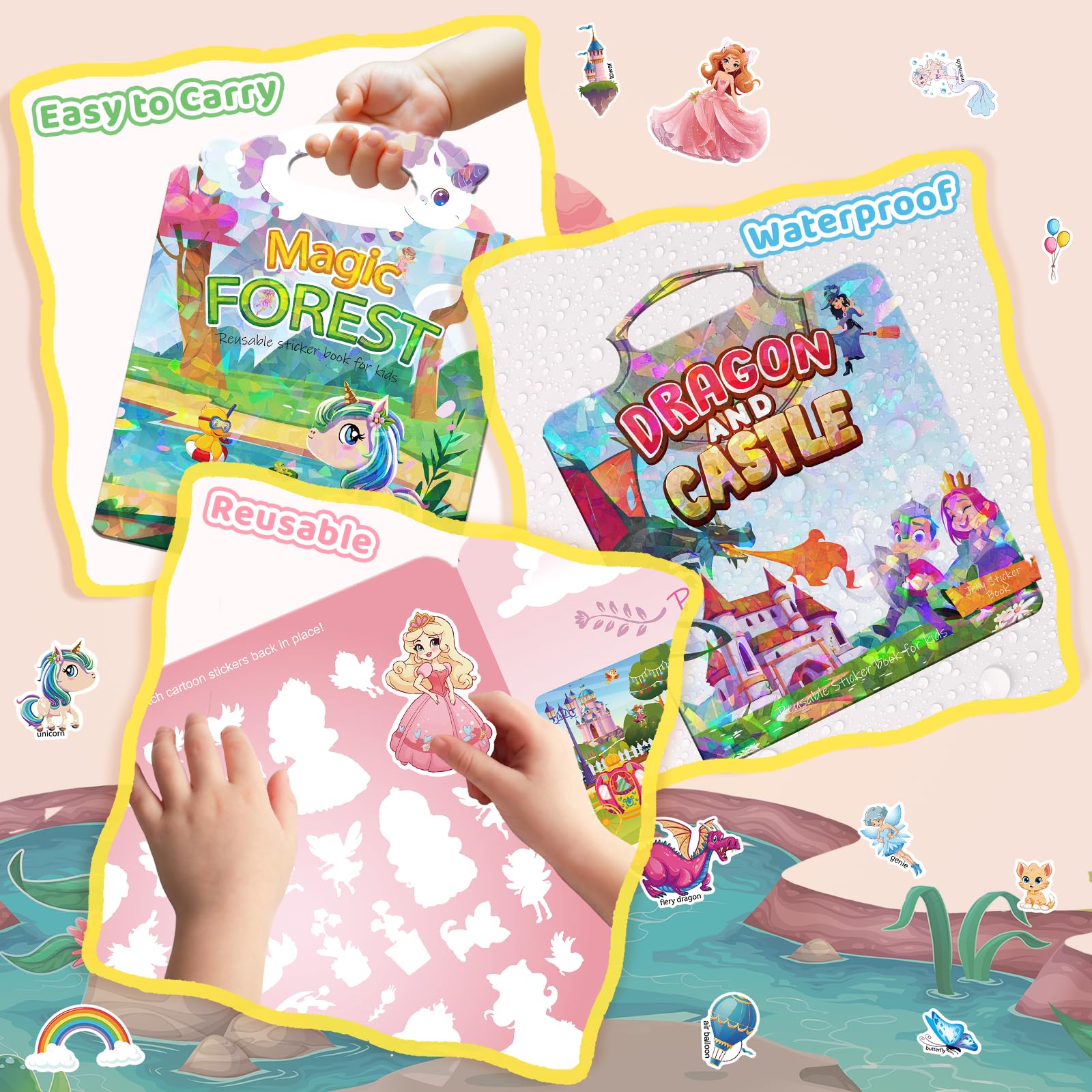 GUYUCOM Reusable Sticker Book Set - 4 Themes with 140+ Stickers for Kids 3