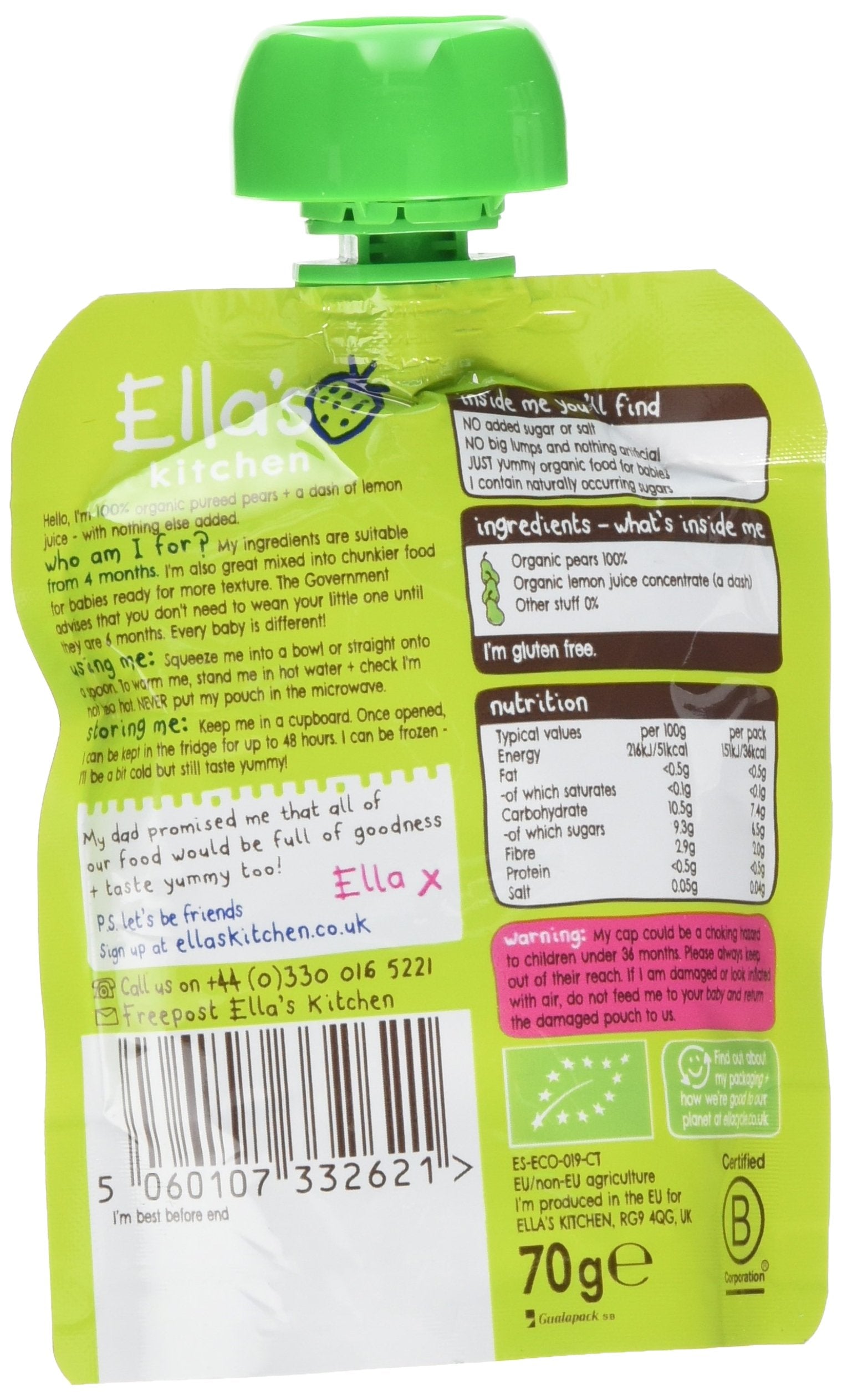 Ella's Kitchen Organic Pears First Tastes Baby Pouch 4+ Months, 70g 2
