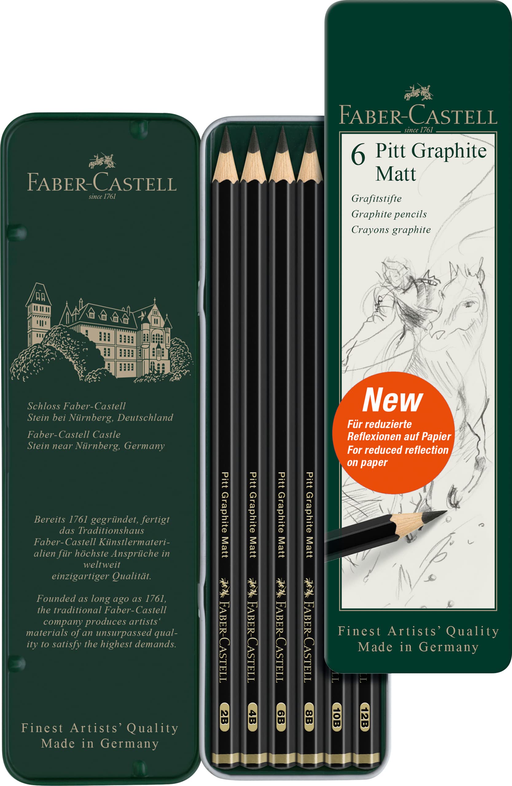 Faber-Castell Art & Graphic Pitt Graphite Matt Pencil - Ultra Matt Laydown | 8 Degrees HB to 14B | Tin of 6