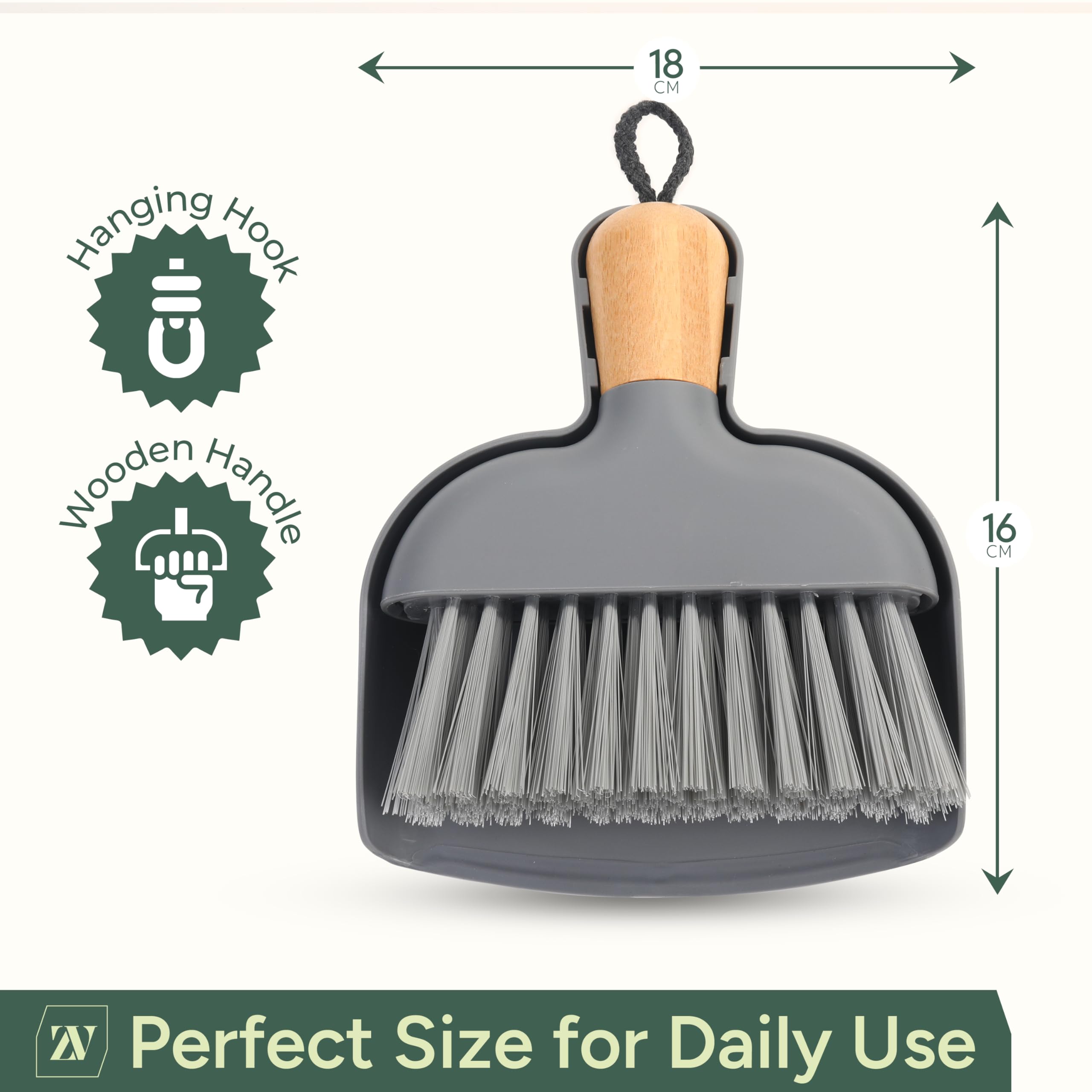 Zuvo Mini Dustpan and Brush Set - Bamboo Handle | Compact Storage Snap-On Design | Grey 2