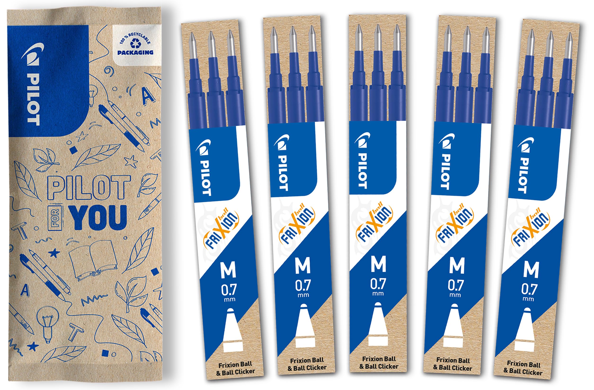 PILOT FriXion Rollerball Refill - 0.7mm Medium Tip, Erasable Gel Ink | 15 Count Blue