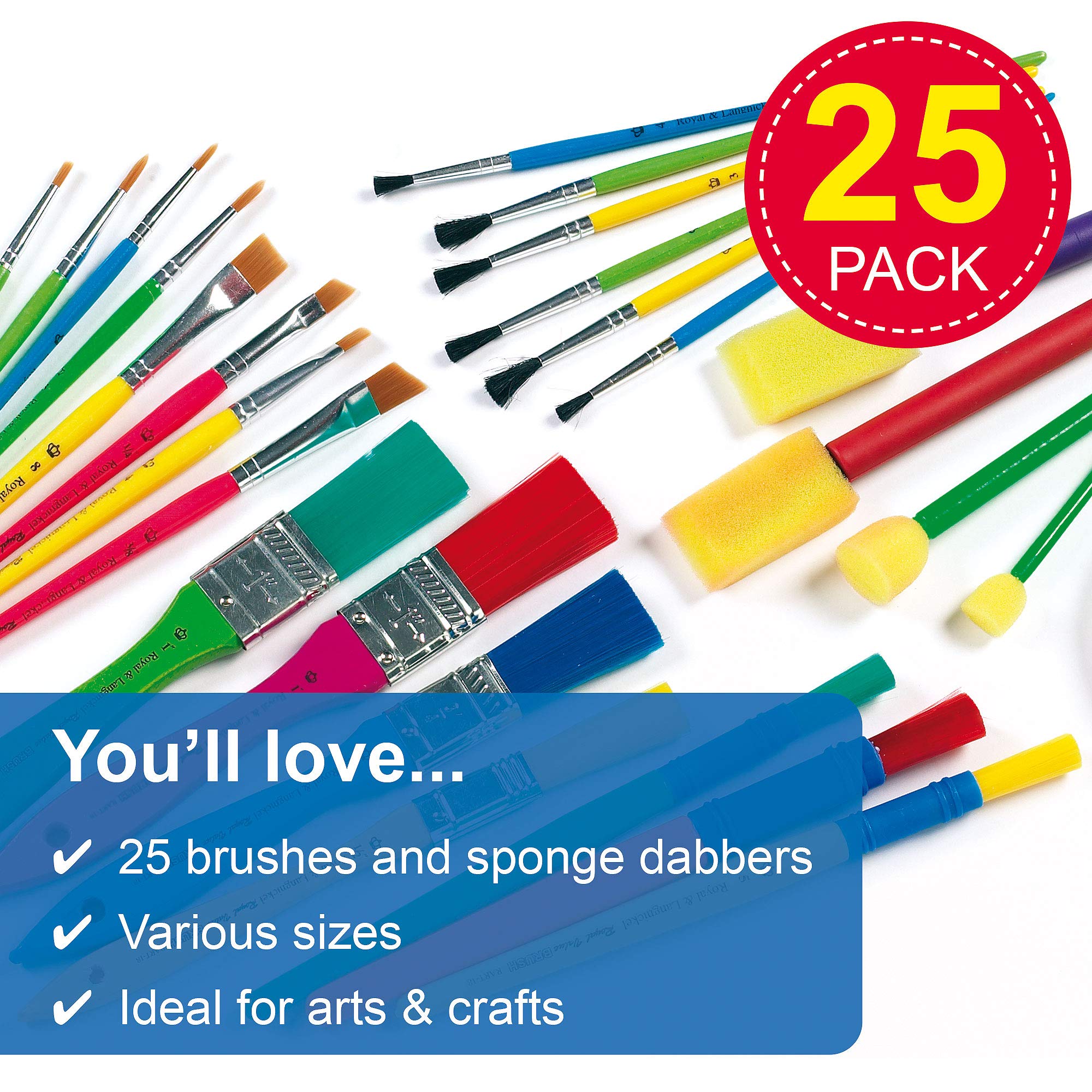 Baker Ross Kids Paint Brush Set - 25 Assorted Brushes and Foam Dabbers