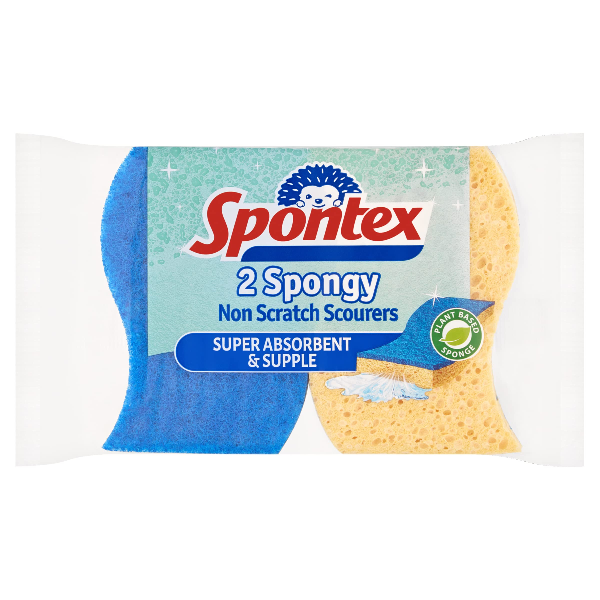 Spontex Non Scratch Super Absorbent Sponge Scourers - Pack of 2, Yellow/Blue | Biodegradable Cellulose