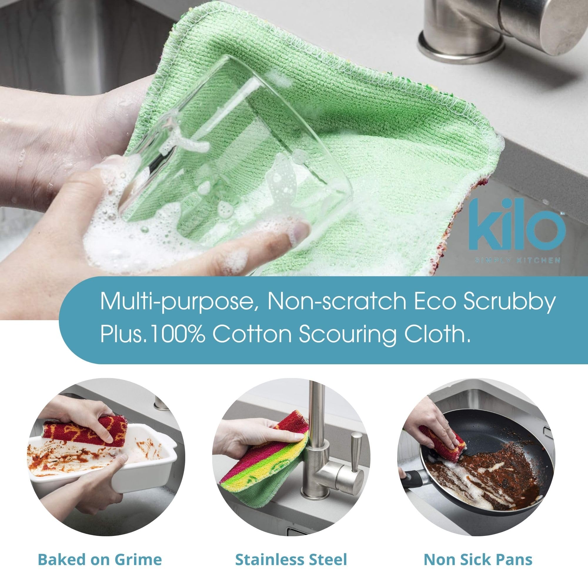 Kilo Scrubby Plus Non-Scratch Scourer with Delicate Cloth Side - Set of 3 | Multi-Purpose Cleaning 2