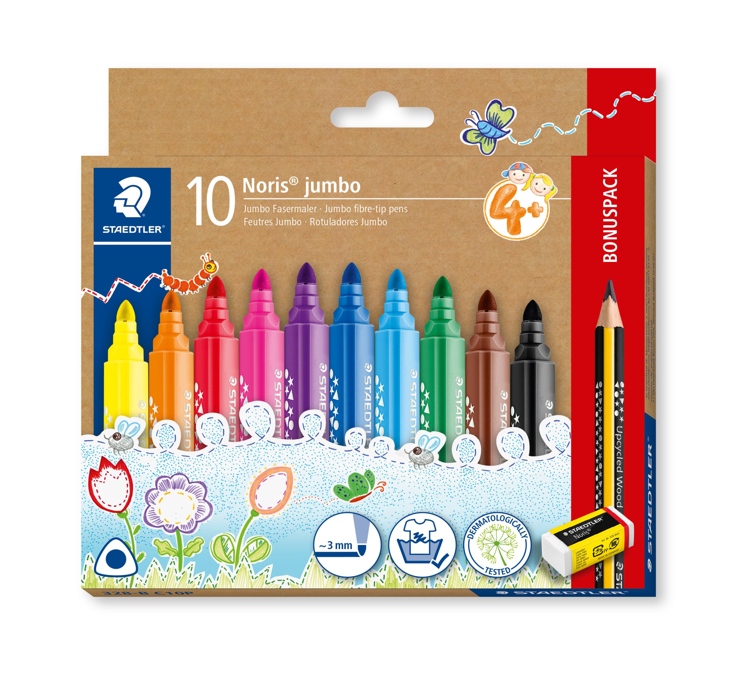 STAEDTLER Noris Jumbo Colouring Markers - Chunky Triangular Pen for Toddlers | Pack of 10 Assorted Colours