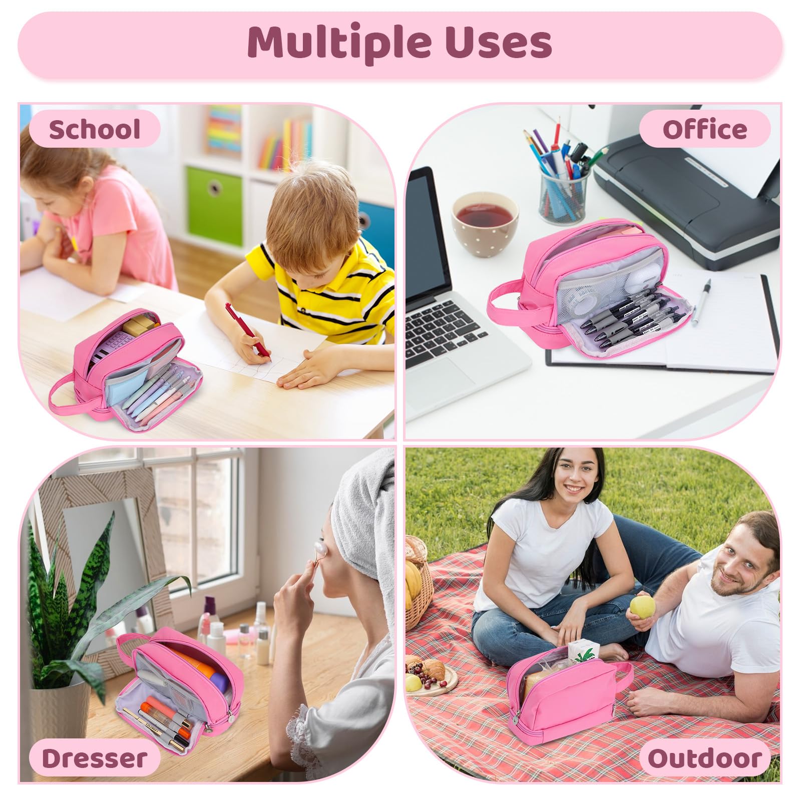 Alyvisun Large Capacity Pencil Case - 3 Compartments, Pink Canvas, Zipper Closure | One Size 6