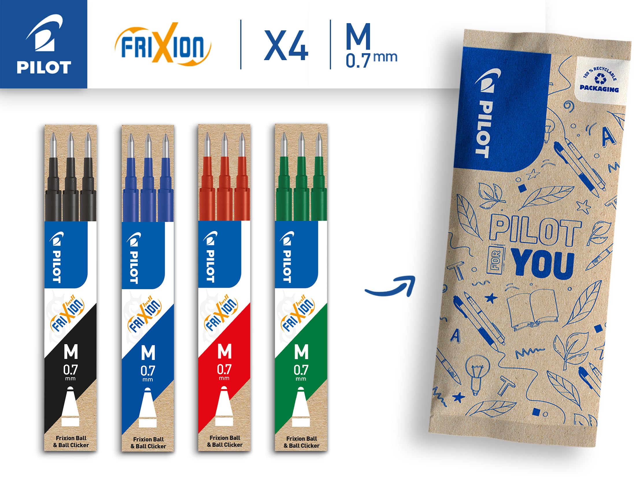 PILOT FriXion Erasable Rollerball Pen Refills 0.7mm (0.4mm Line) - 4 Sets of 3 (Blue, Black, Red, Green)