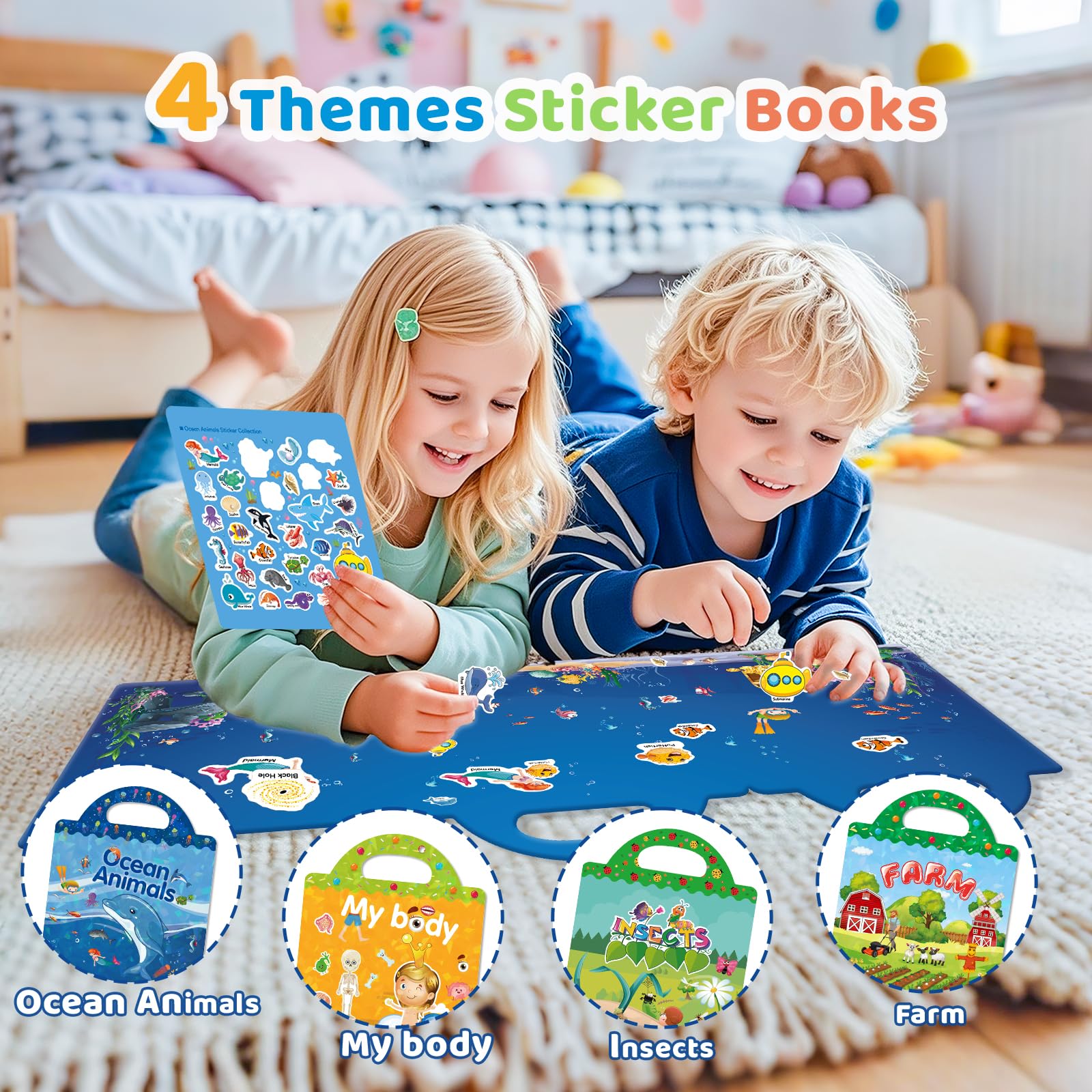 GUYUCOM 4 Pack Reusable Sticker Books - Ocean, Body, Insect & Farm Themes | Fine Motor Skill Development 2