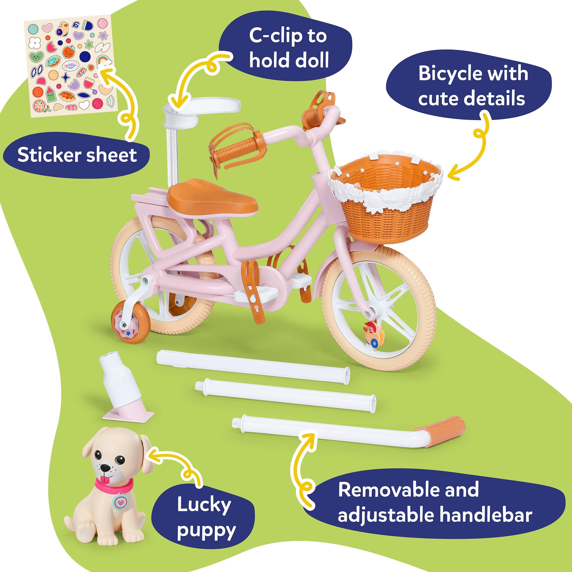 BABY born Doll Bicycle with Lucky Dog Carrier | Height-Adjustable Handle | Brown Plastic