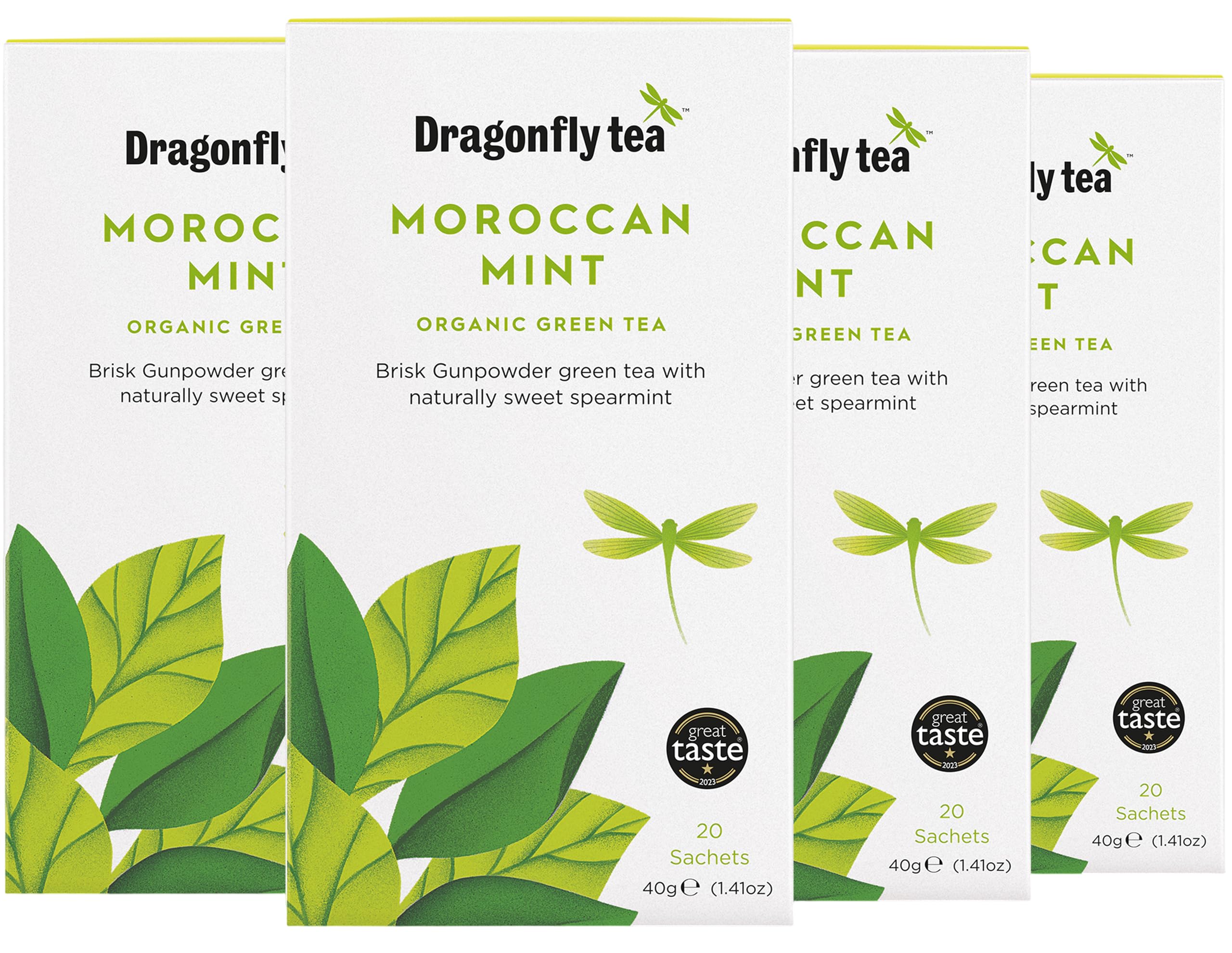 DRAGONFLY Organic Green Tea Moroccan Mint - 20 Teabags per Box, Pack of 4 (80 Total Teabags)