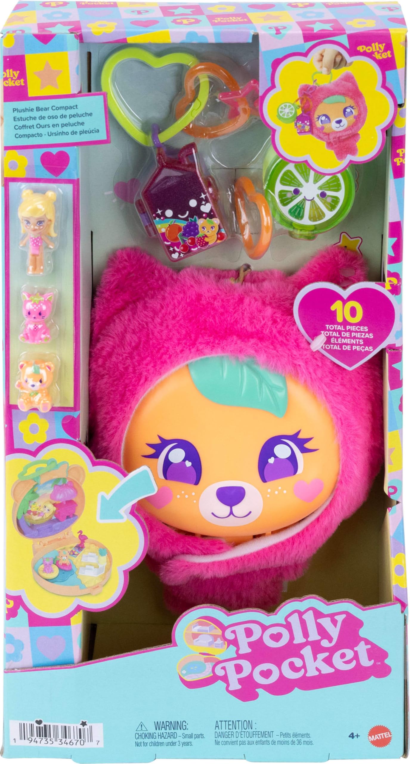 Polly Pocket Plushie Bear Compact Playset with Micro Doll, Pets, Charms, and Keychain | Ages 4+ 6