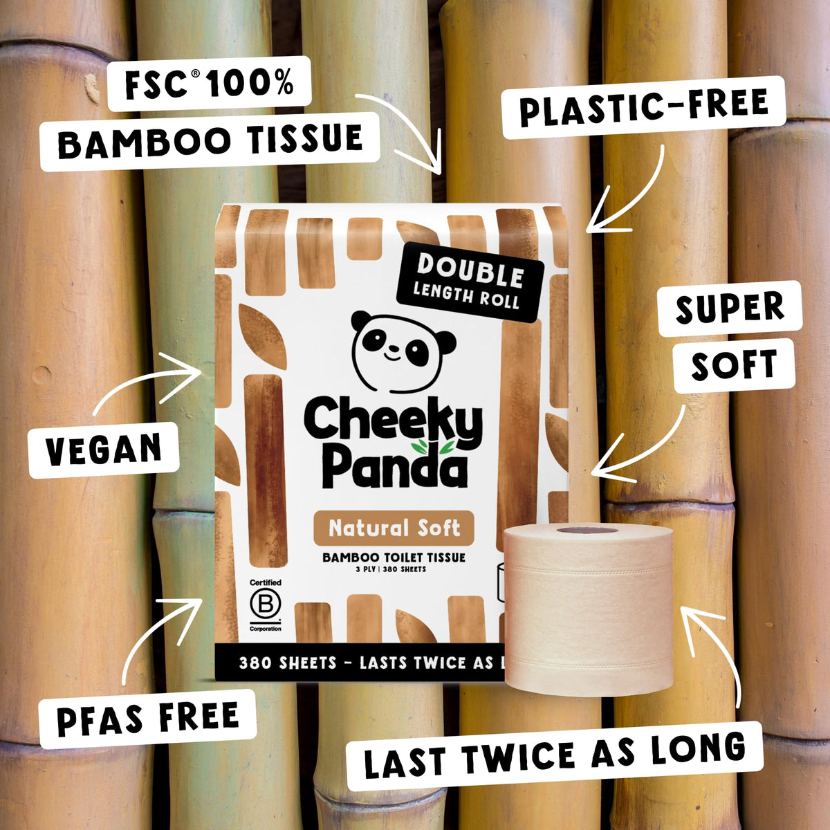 The Cheeky Panda Unbleached Bamboo Toilet Paper - 12 Rolls, 380 Sheets per Roll, 3-Ply