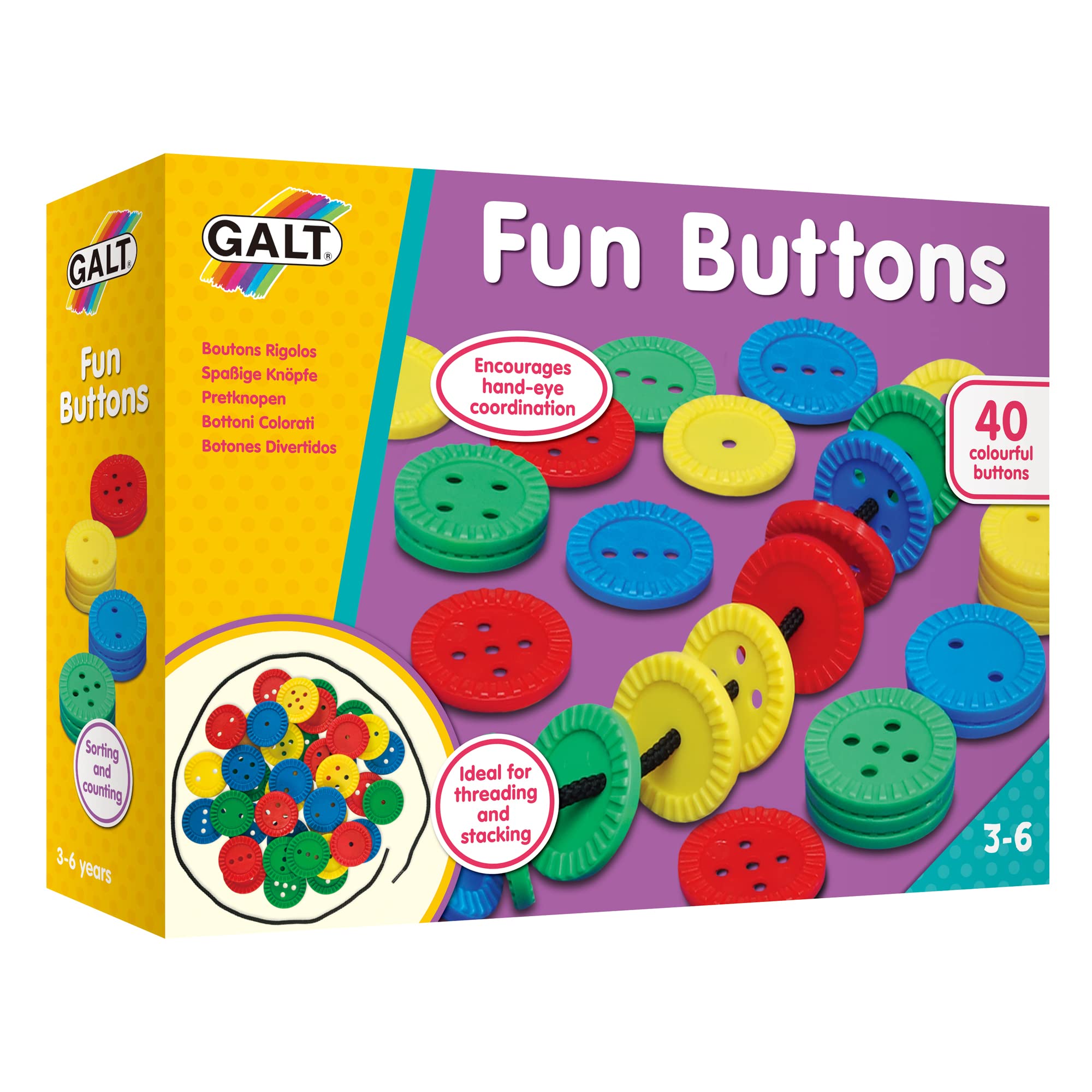 Galt Fun Buttons Threading & Stacking Toy for Ages 3-6 Years | 40 Colourful Buttons