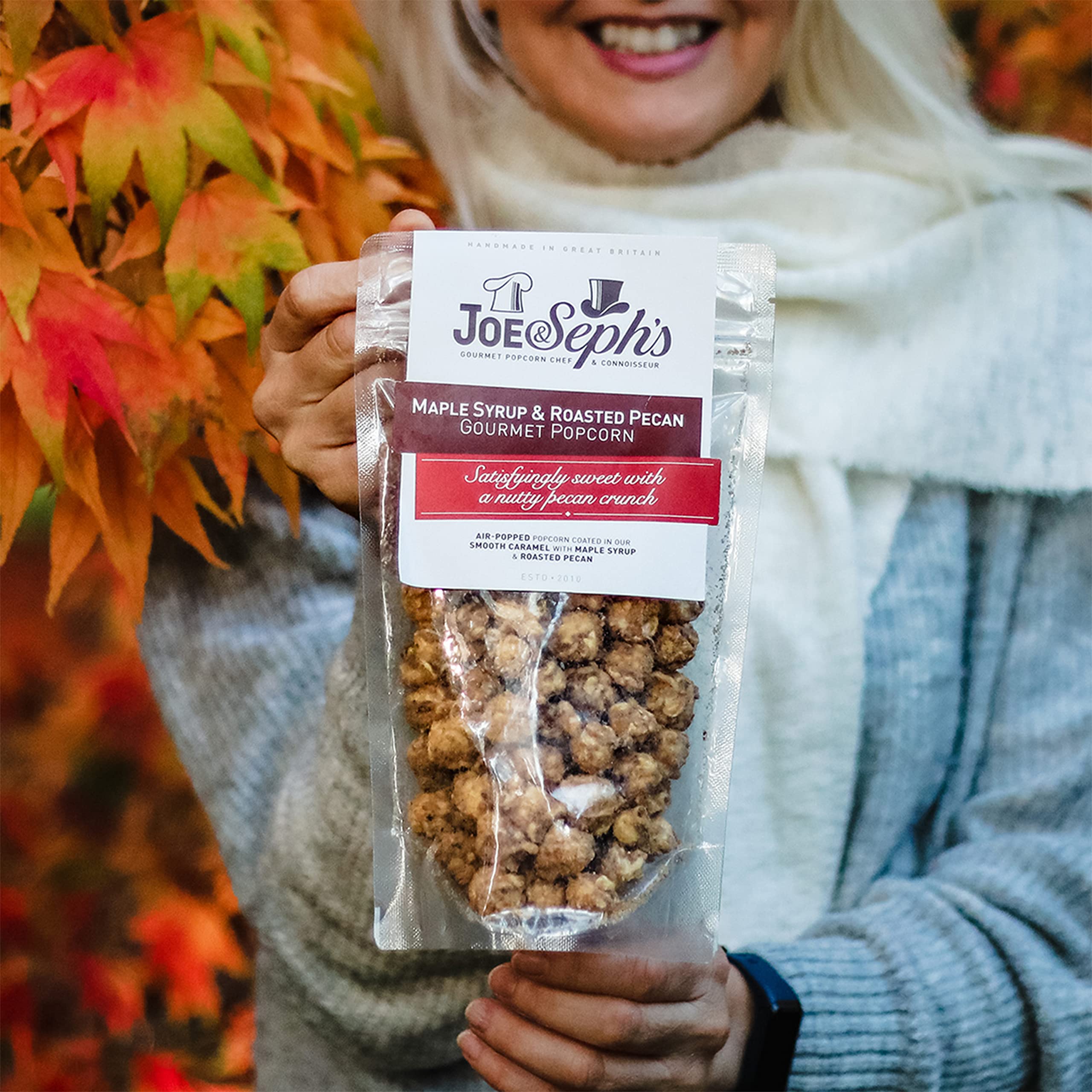 Joe & Seph's Gourmet-Popcorn mit Ahornsirup und gerösteten Pekannüssen (80 g) – glutenfreier, vegetarischer, süßer Snack aus der Heißluftmaschine