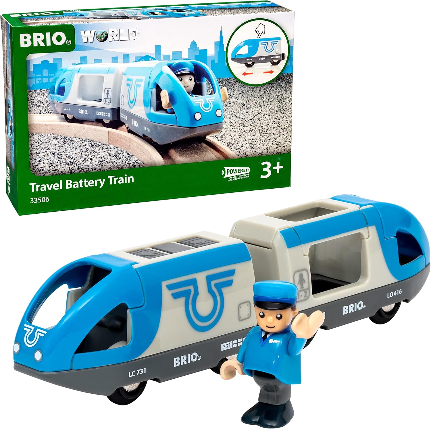 BRIO World Travel Battery Train - Battery-Powered Wooden Train Set for Kids 3+