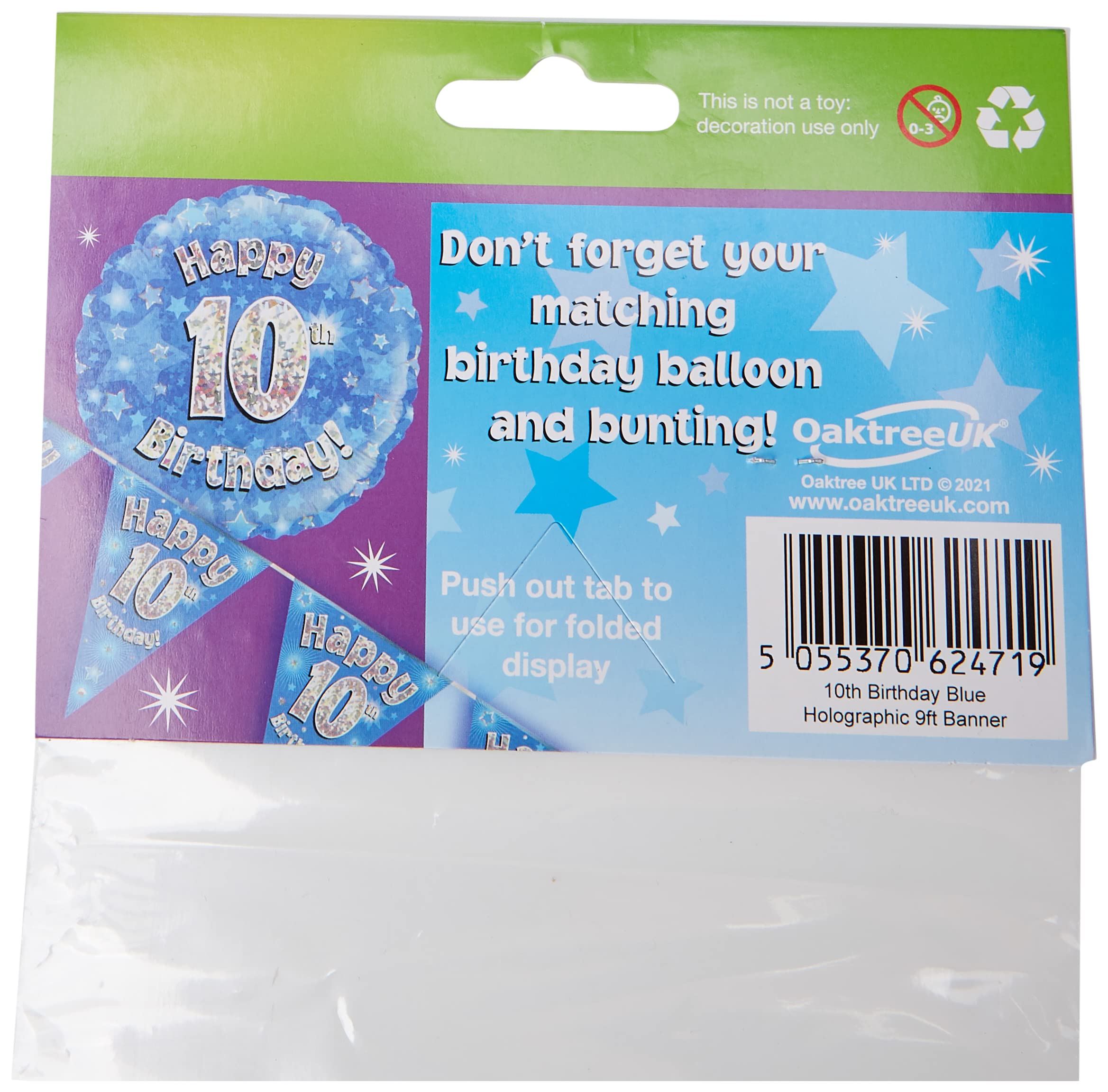 OakTree Happy 10th Birthday Foil Holographic Banner - Blue, 9 ft 11