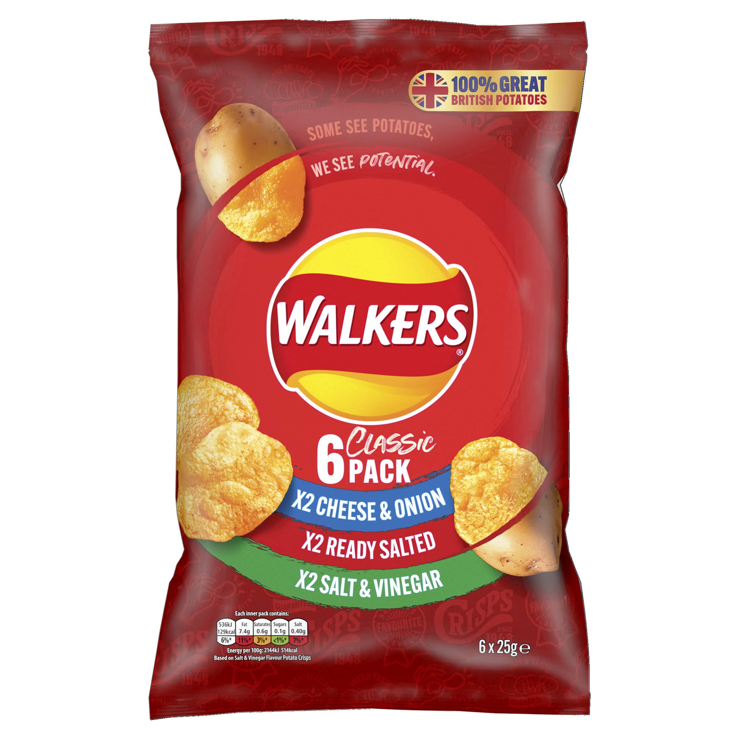 Walkers Classic Variety Crisps 6x25g Multipack - Cheese & Onion, Ready Salted, Salt & Vinegar 5
