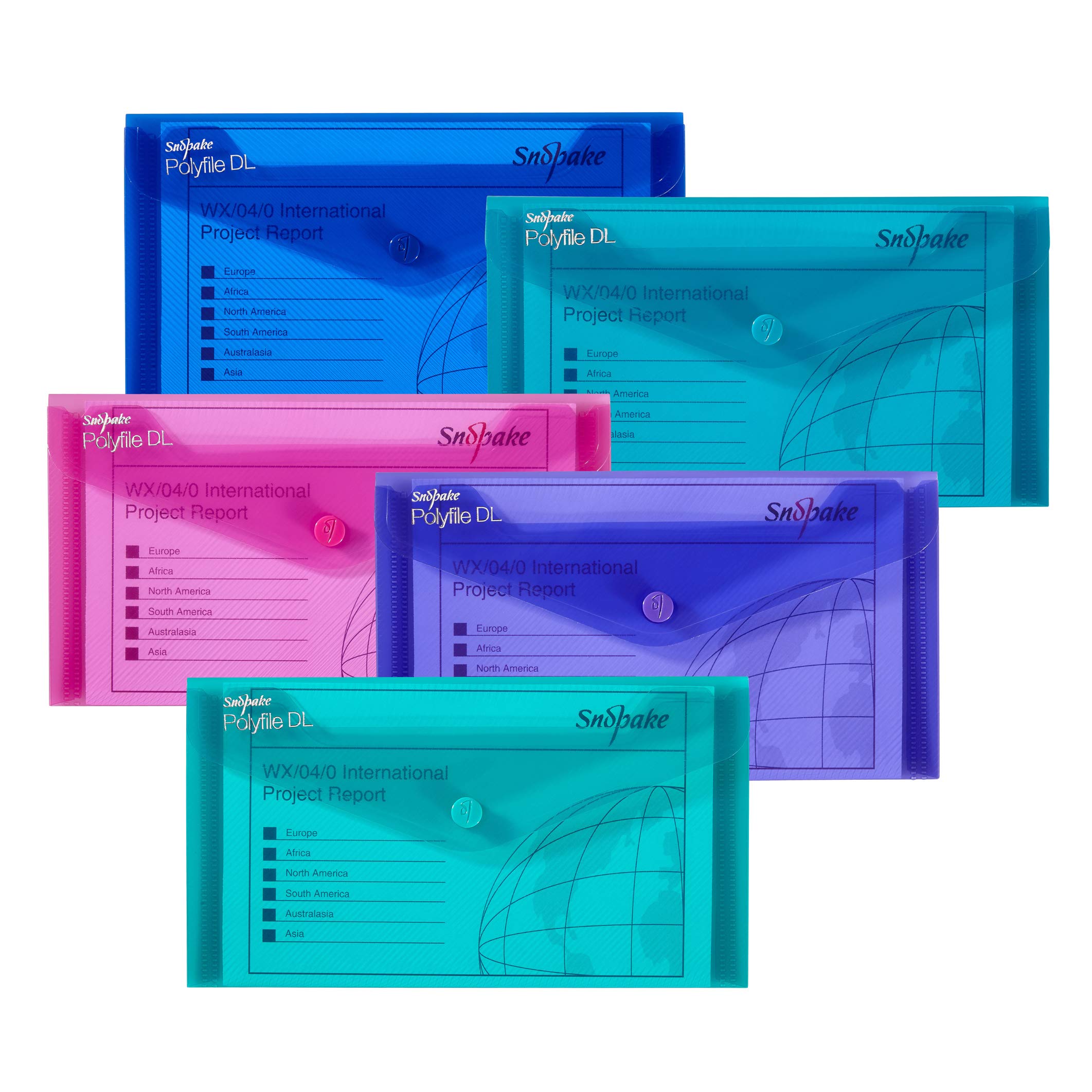 Snopake DL Polyfile Popper Wallet with Press Stud Closure - Assorted Electra | Pack of 5 | Polypropylene
