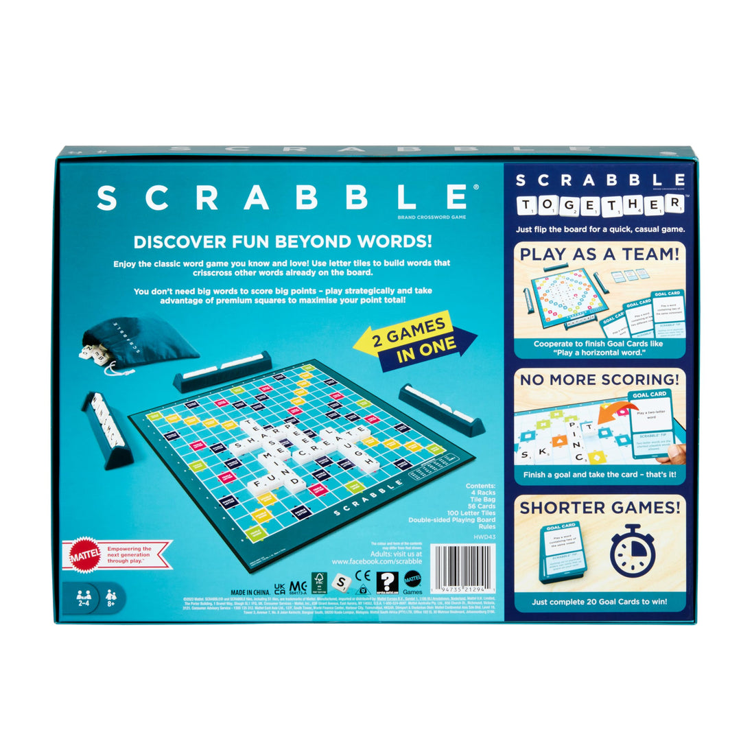 Mattel Games Scrabble Board Game with Two Ways to Play – Double-Sided Board & 50 Goal Cards – UK Version (HWD43)