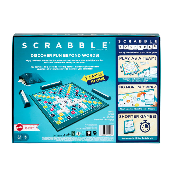 Mattel Games Scrabble Board Game with Two Ways to Play – Double-Sided Board & 50 Goal Cards – UK Version (HWD43)