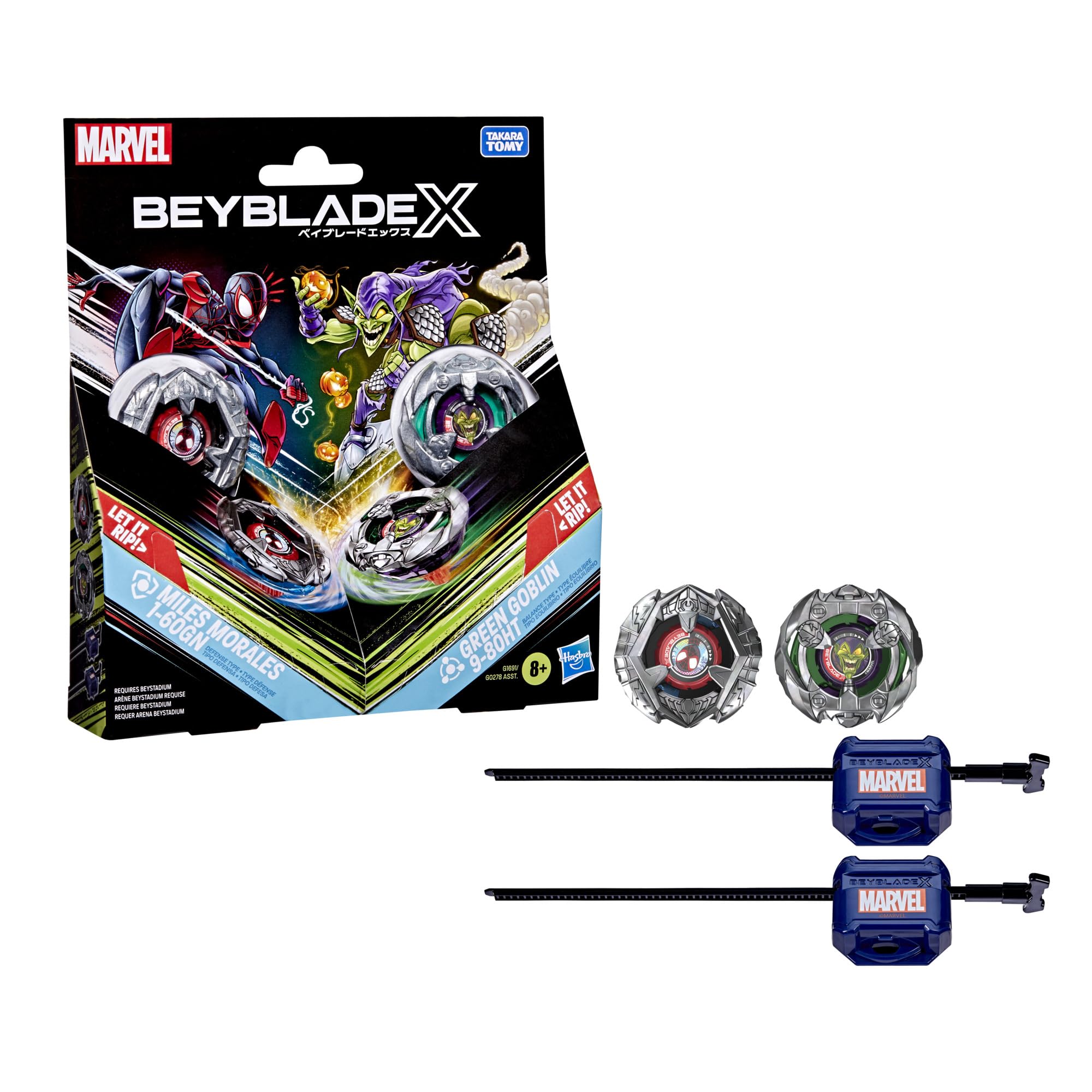 Hasbro Beyblade X Marvel Collab Miles Morales 1-60GN vs Green Goblin 9-80HT Battling Tops Set 1