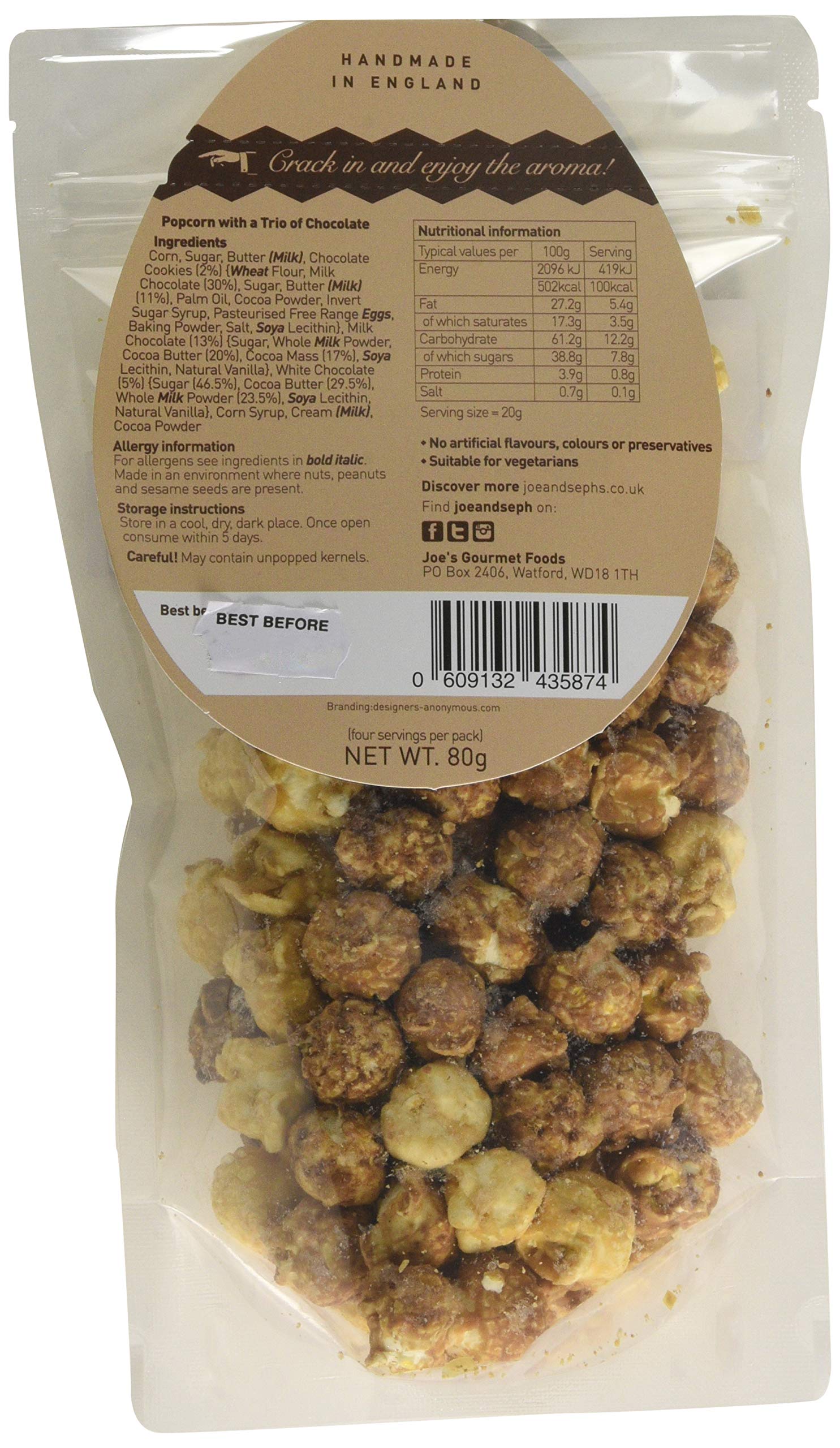 Joe & Sephs Schokoladen-Popcorn-Trio im Beutel (80 g) – Geschmacksrichtungen Weiß, Milch und Cookies and Cream