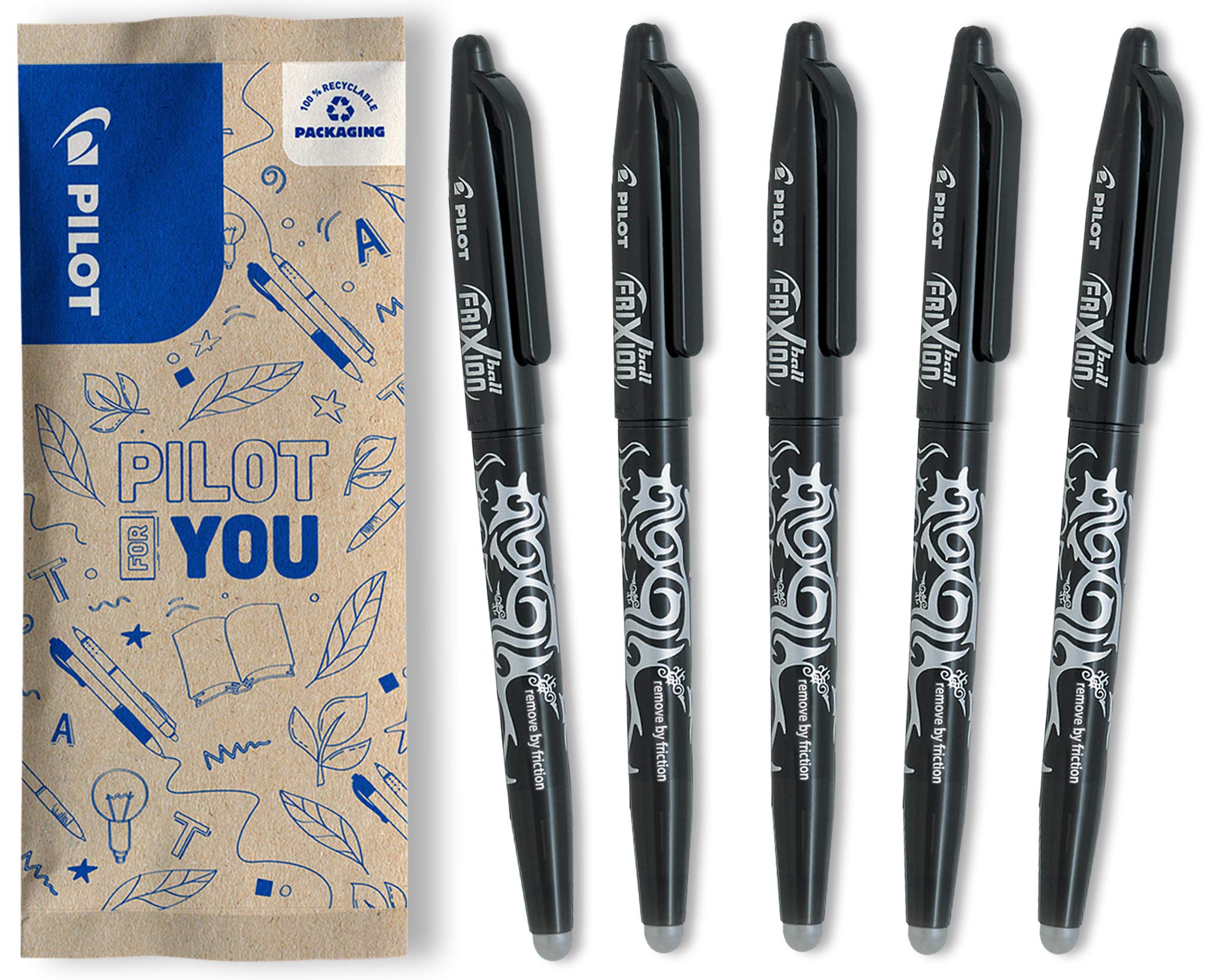 PILOT FriXion Ball Erasable Rollerball Pen - 0.7mm Tip | Pack of 5 Black Ink Pens