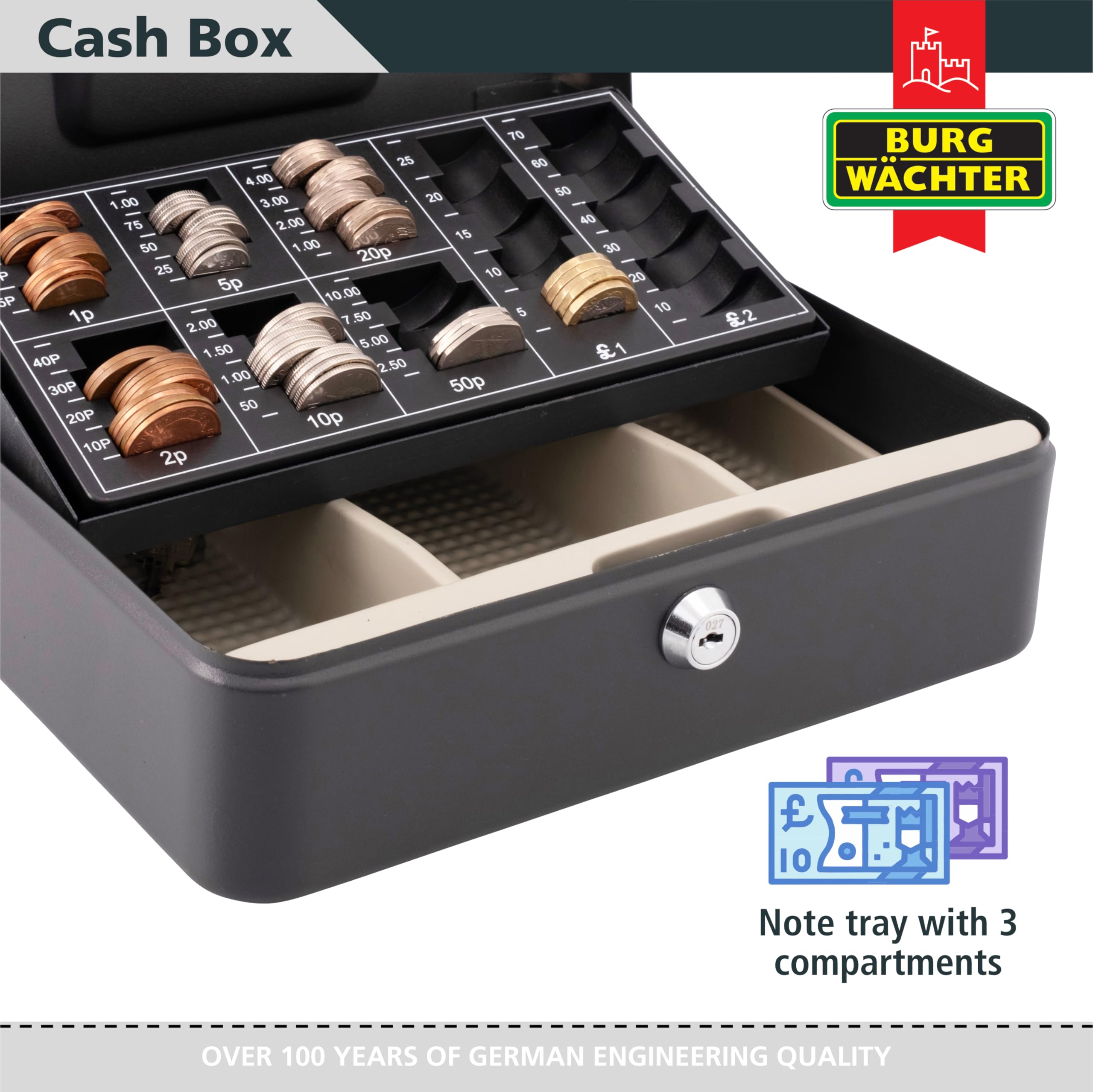 Burg-Wächter CB03GBBK 10' Cash Box with Sterling Coin Tray | Black Metal | Key Lock 6