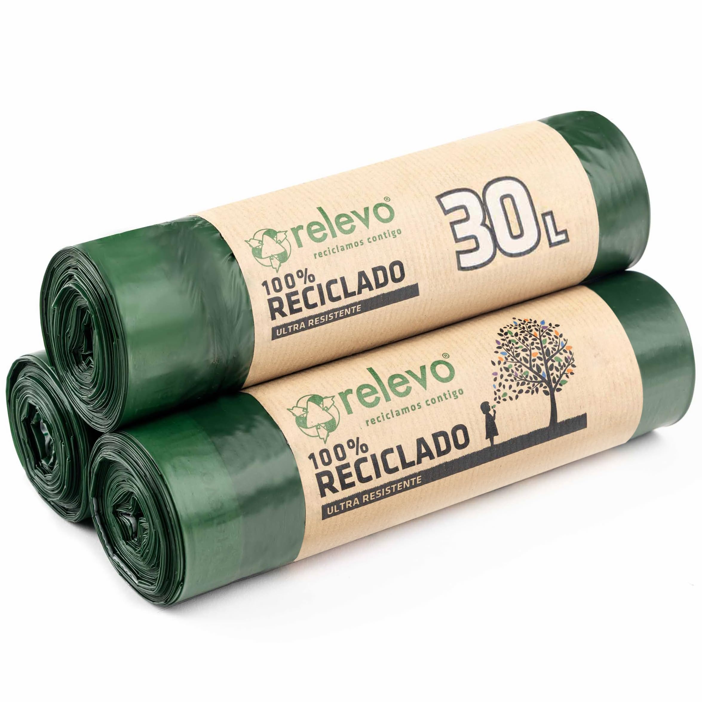 Relevo Green Drawstring Bin Bags - 30L (45 Bags) | Extra Strong | 100% Recycled LDPE from Greenhouses 1