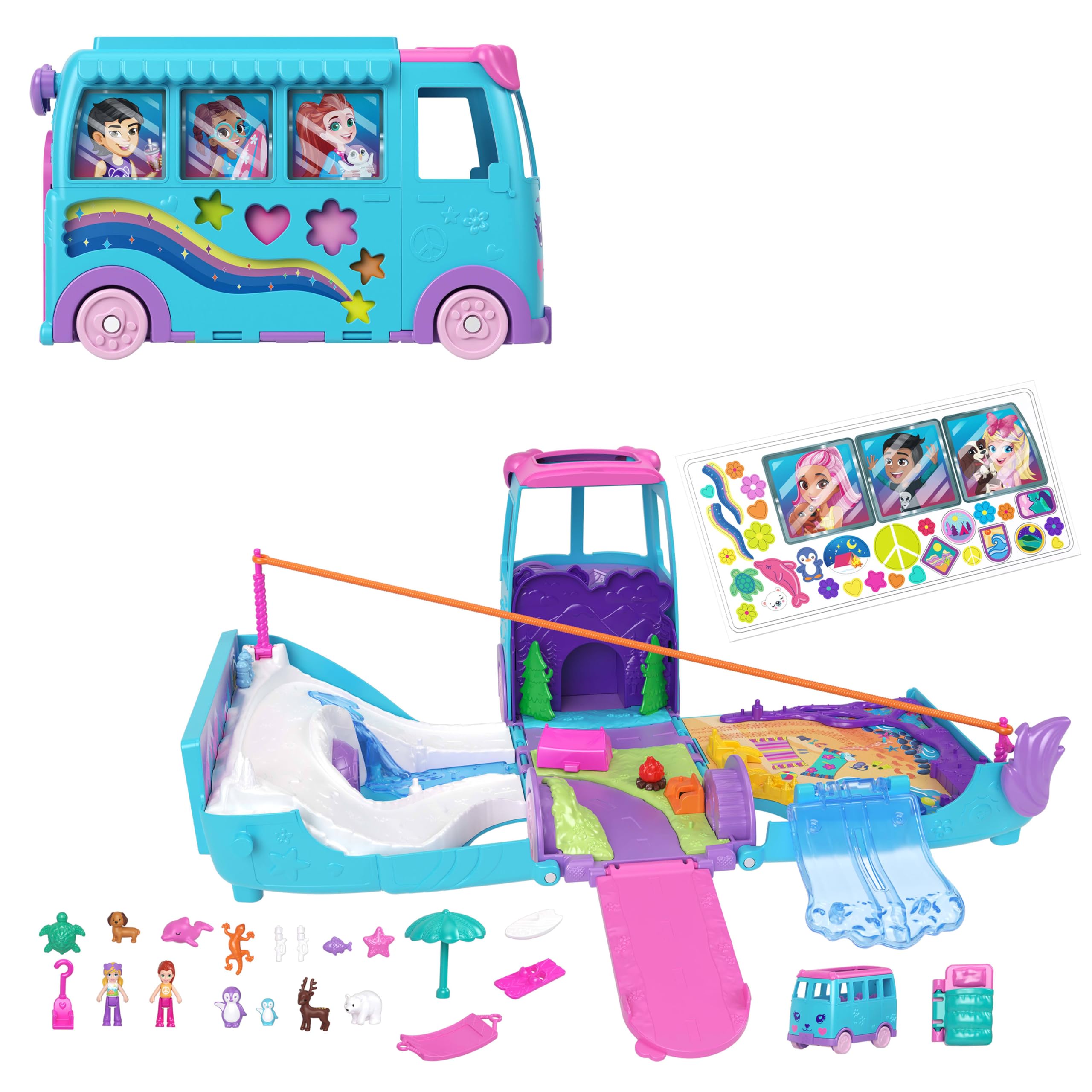 Polly Pocket Mobiles Haustier-Abenteuer-Spielset – Verwandelbarer Wohnmobil mit Mikropuppen und Haustieren, ab 4 Jahren